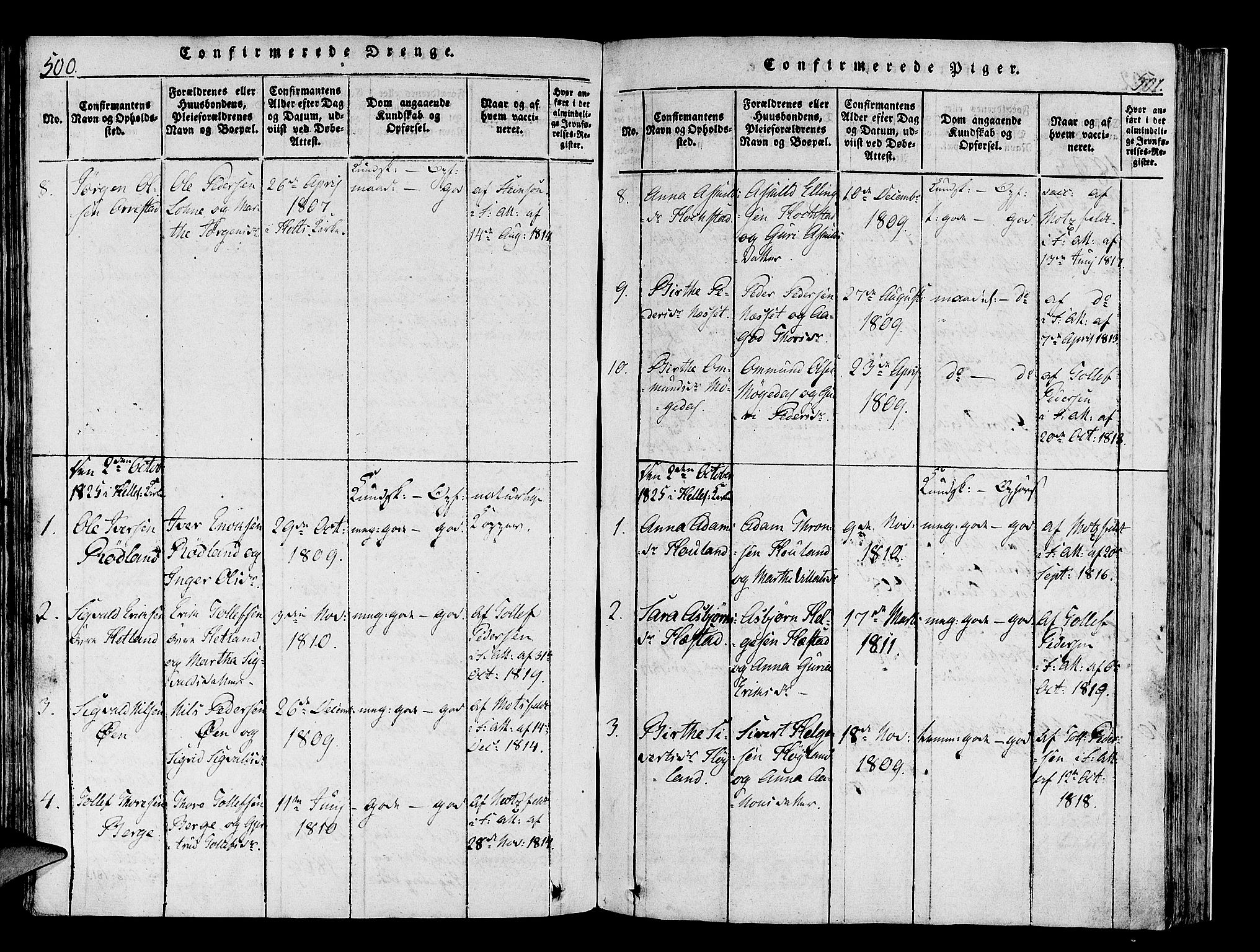 Helleland sokneprestkontor, AV/SAST-A-101810: Parish register (official) no. A 4, 1815-1834, p. 500-501