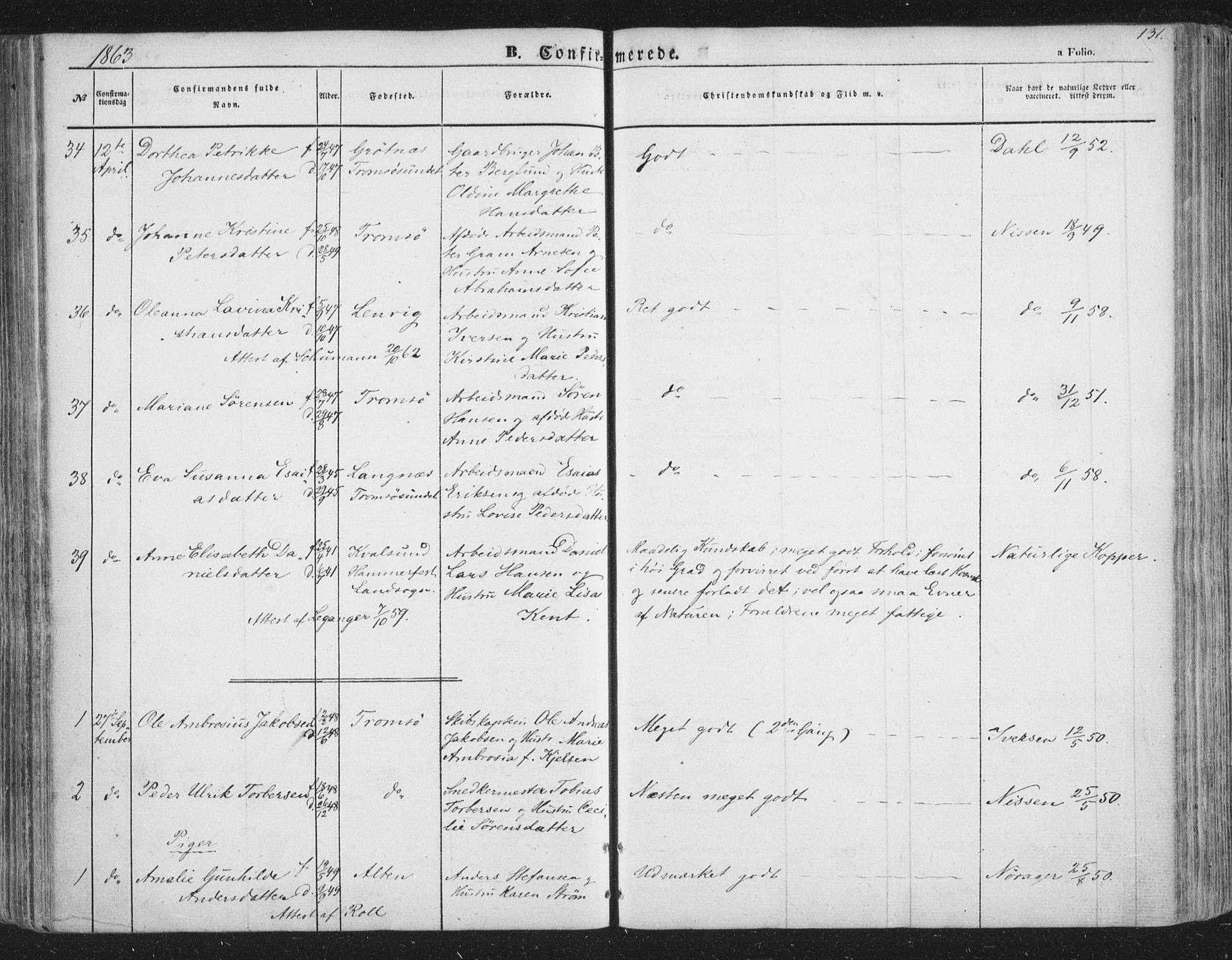 Tromsø sokneprestkontor/stiftsprosti/domprosti, AV/SATØ-S-1343/G/Ga/L0011kirke: Parish register (official) no. 11, 1856-1865, p. 131