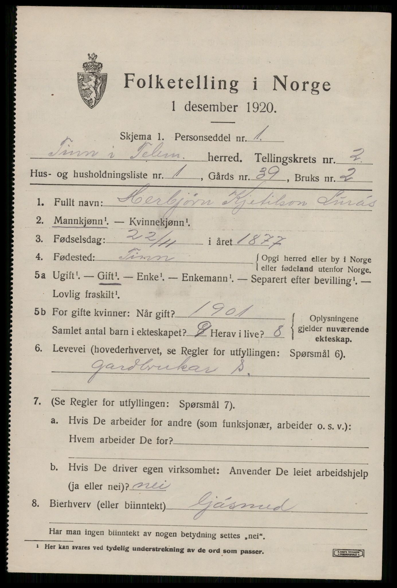 SAKO, 1920 census for Tinn, 1920, p. 3034