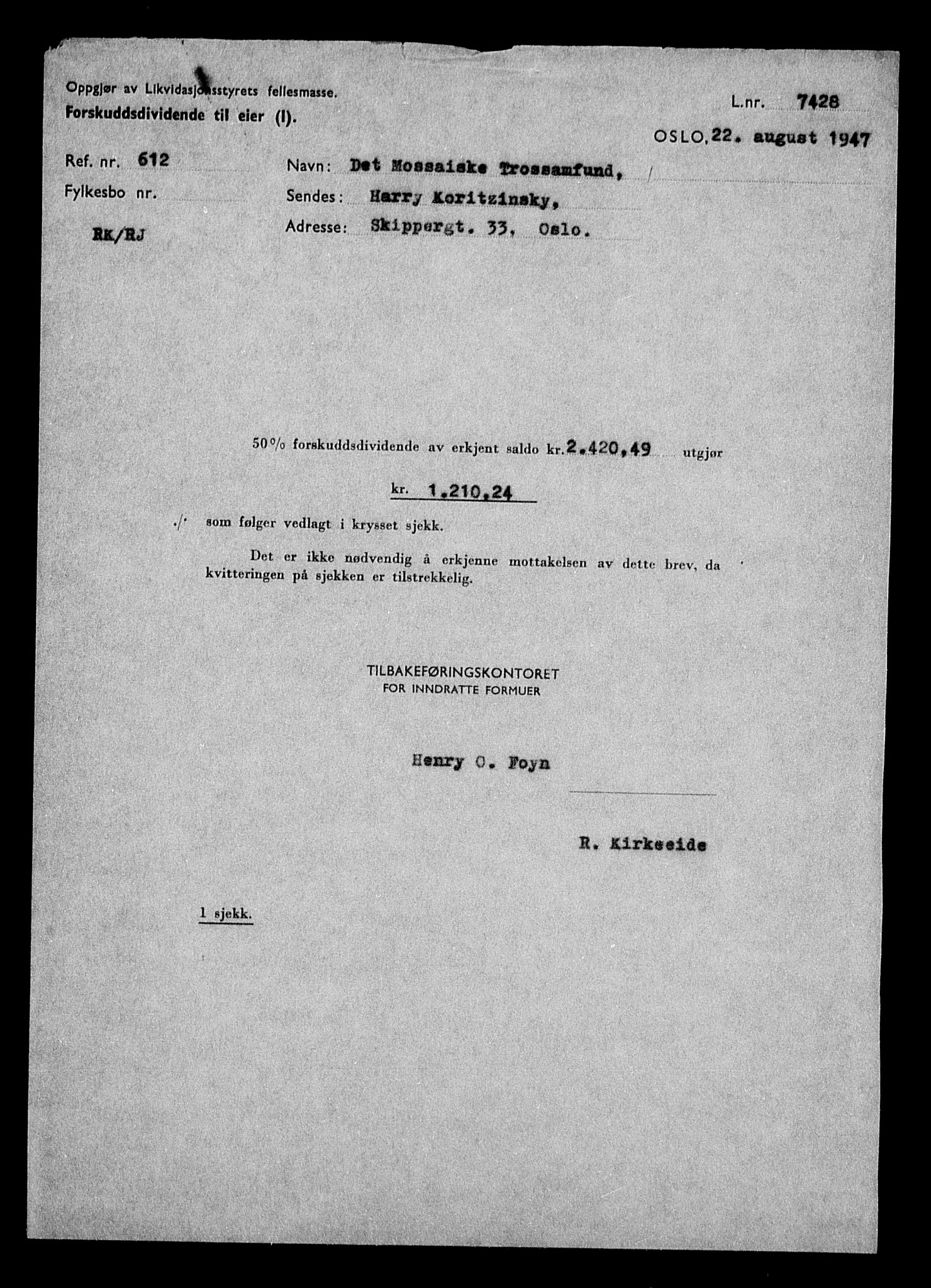 Justisdepartementet, Tilbakeføringskontoret for inndratte formuer, AV/RA-S-1564/H/Hc/Hcc/L0966: --, 1945-1947, p. 138