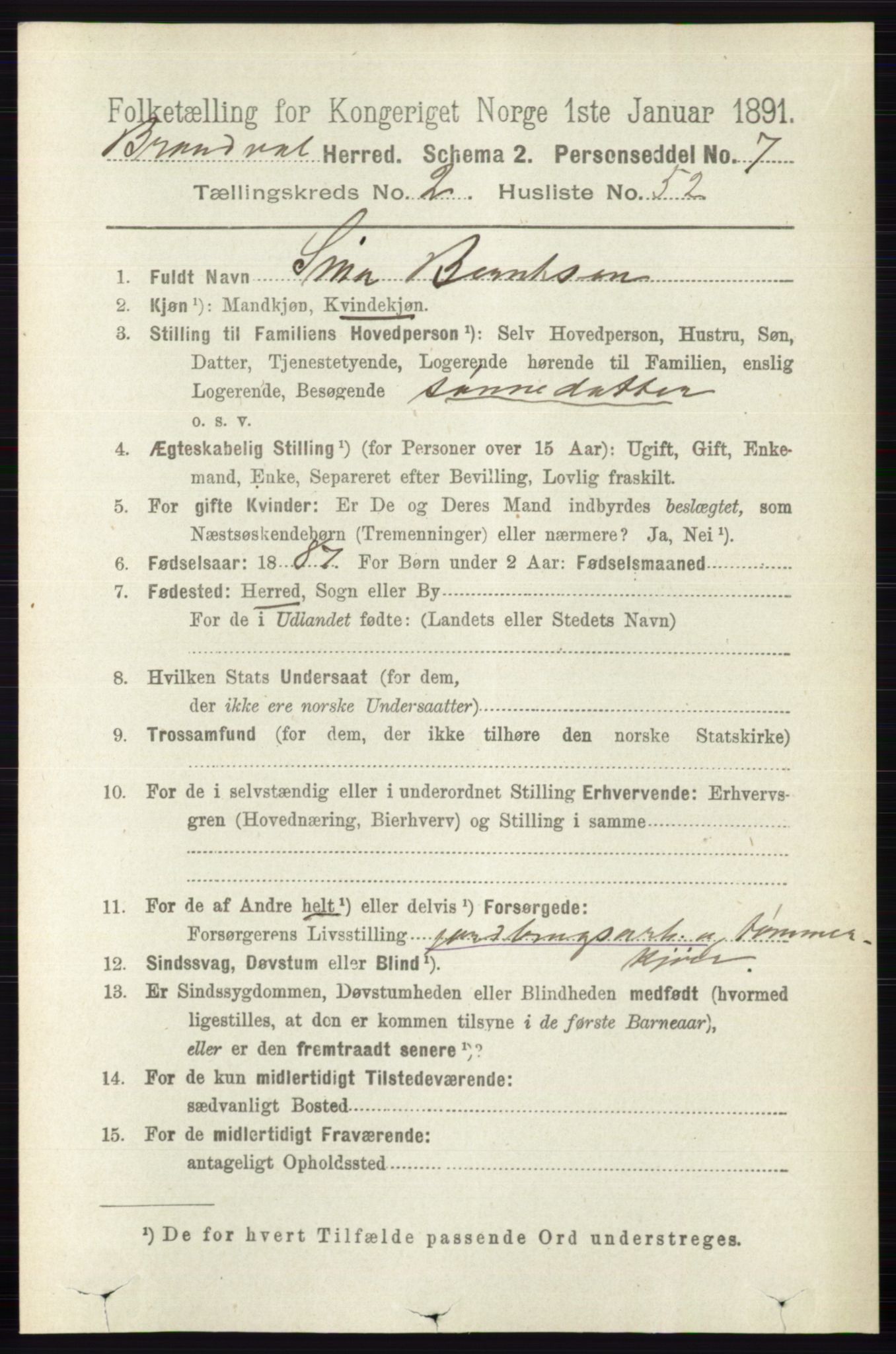 RA, 1891 census for 0422 Brandval, 1891, p. 1147