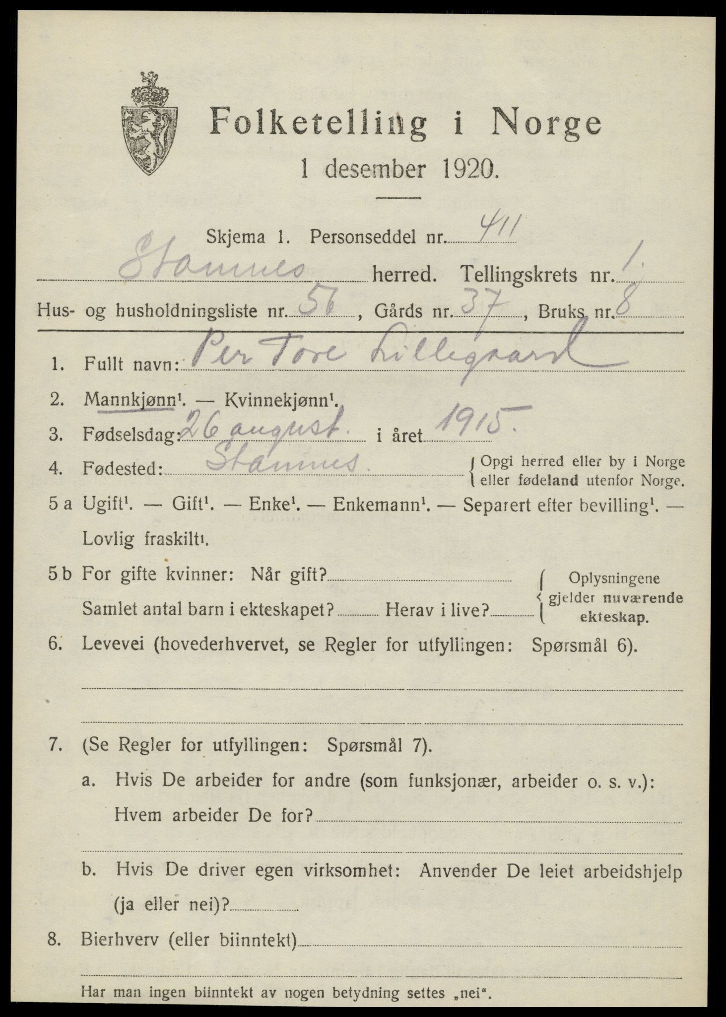 SAT, 1920 census for Stamnes, 1920, p. 1388