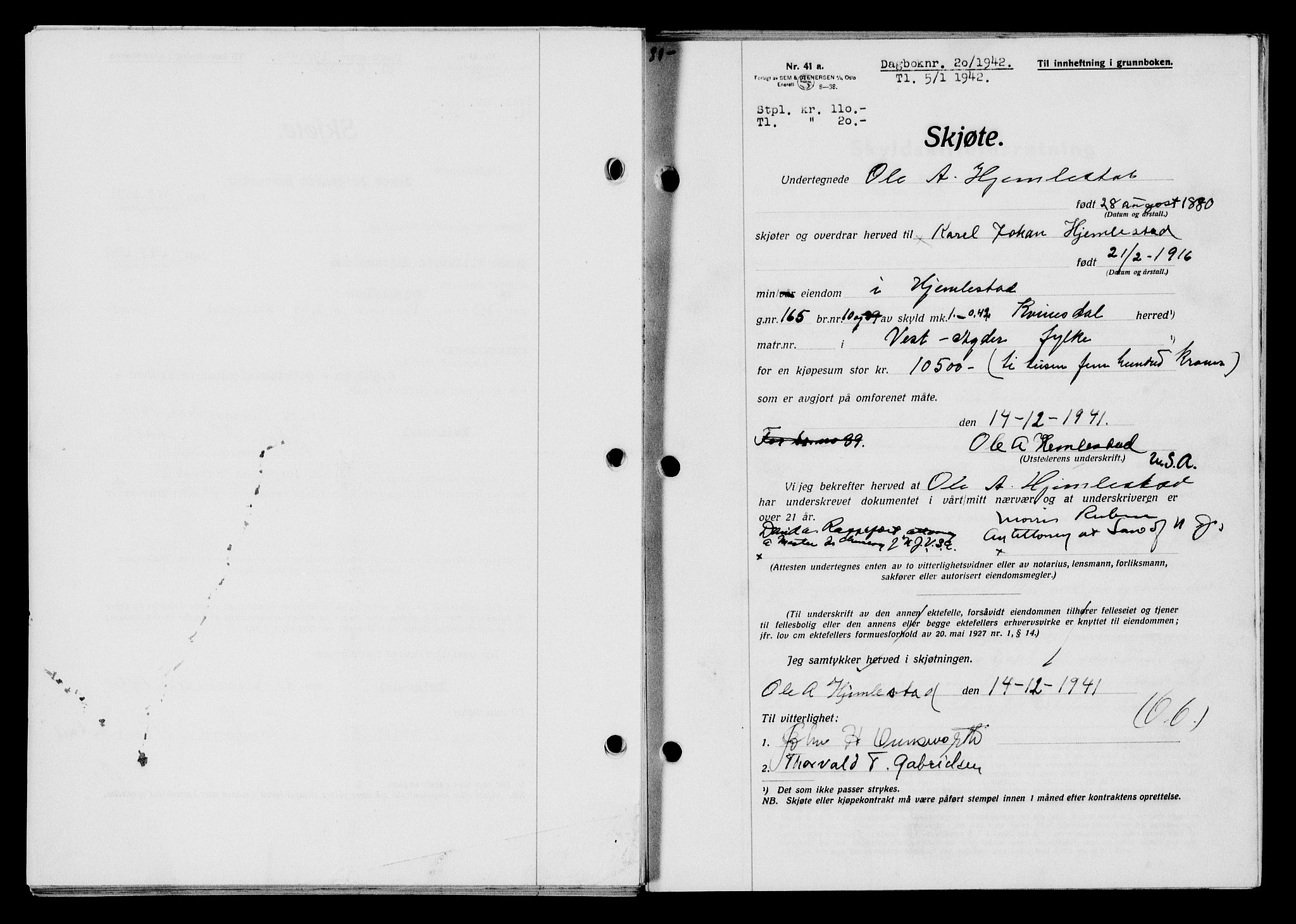 Flekkefjord sorenskriveri, SAK/1221-0001/G/Gb/Gba/L0057: Mortgage book no. A-5, 1941-1942, Diary no: : 20/1942