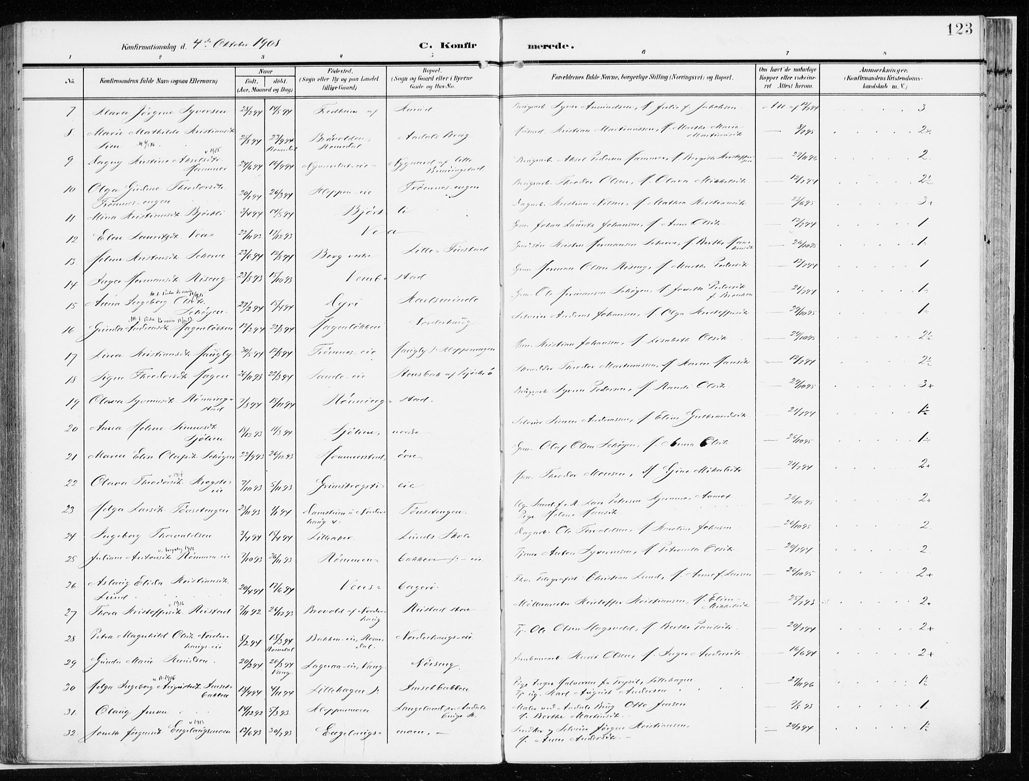 Løten prestekontor, SAH/PREST-022/K/Ka/L0011: Parish register (official) no. 11, 1908-1917, p. 123