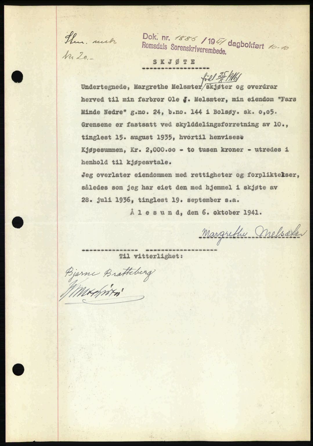 Romsdal sorenskriveri, AV/SAT-A-4149/1/2/2C: Mortgage book no. A11, 1941-1942, Diary no: : 1885/1941