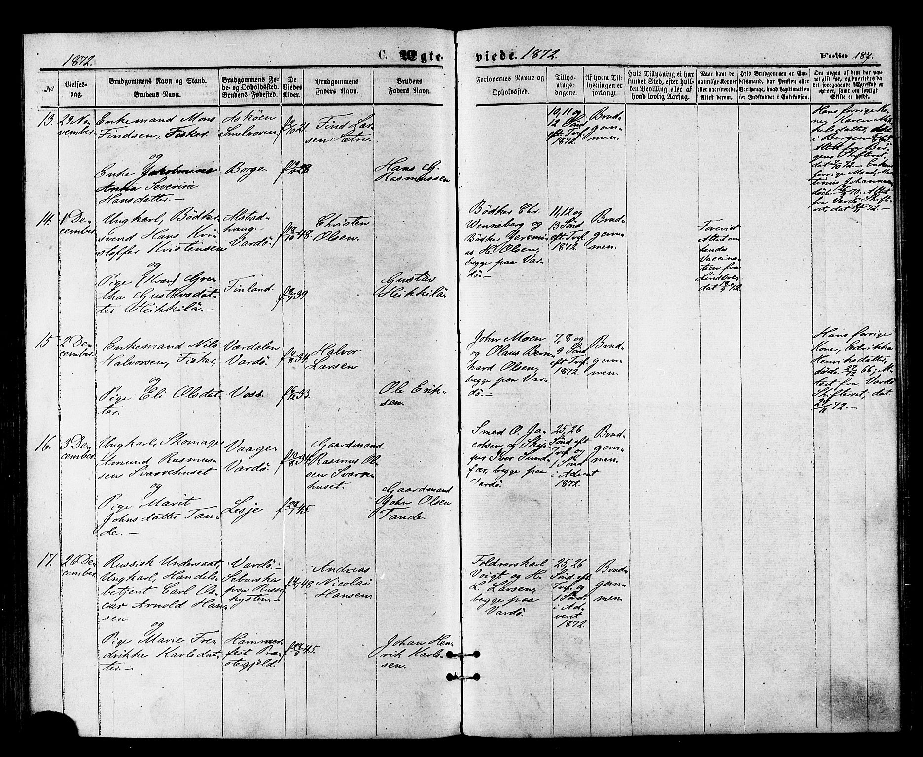 Vardø sokneprestkontor, SATØ/S-1332/H/Ha/L0005kirke: Parish register (official) no. 5, 1872-1878, p. 187