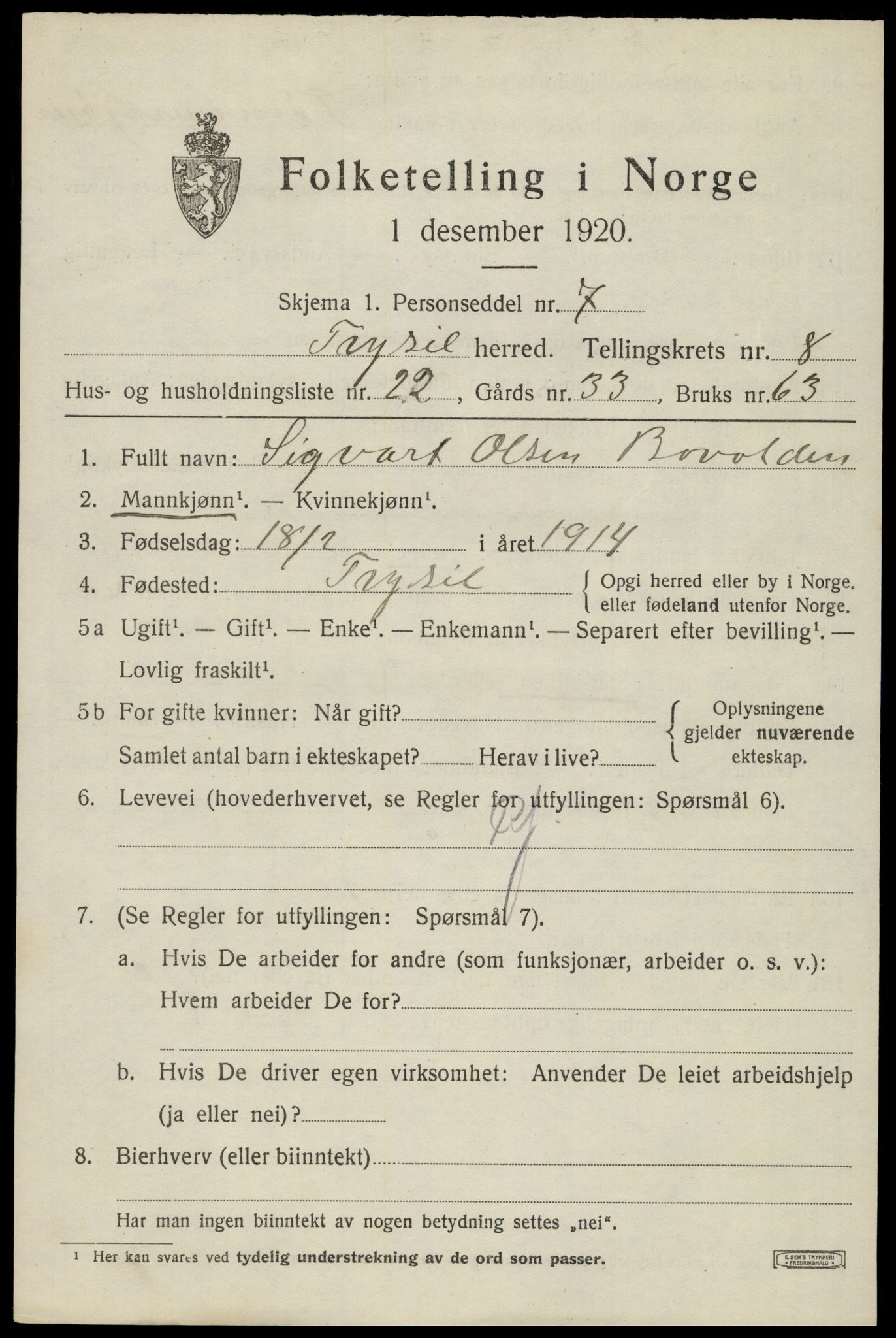 SAH, 1920 census for Trysil, 1920, p. 6509