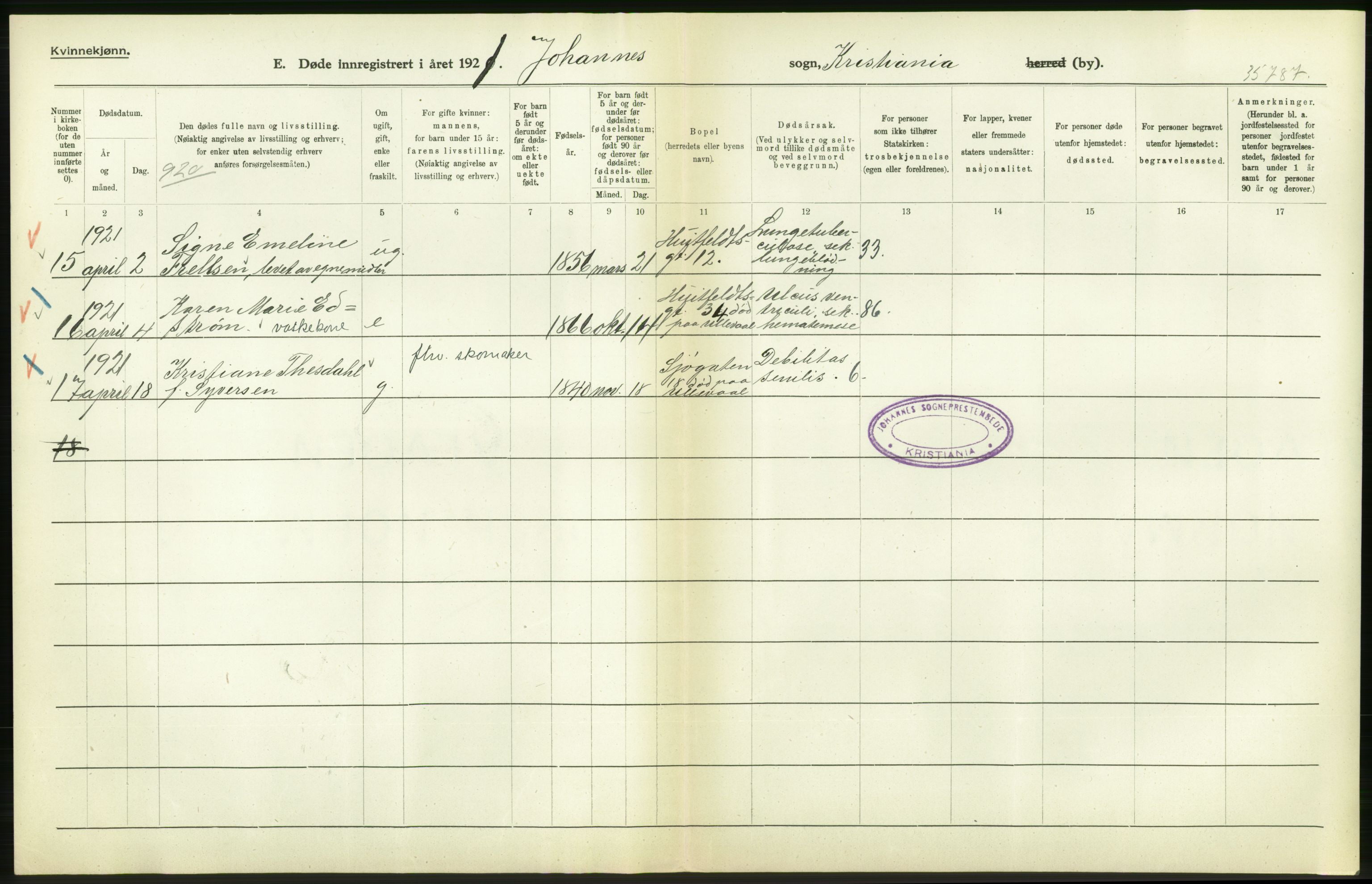 Statistisk sentralbyrå, Sosiodemografiske emner, Befolkning, AV/RA-S-2228/D/Df/Dfc/Dfca/L0012: Kristiania: Døde, 1921, p. 564