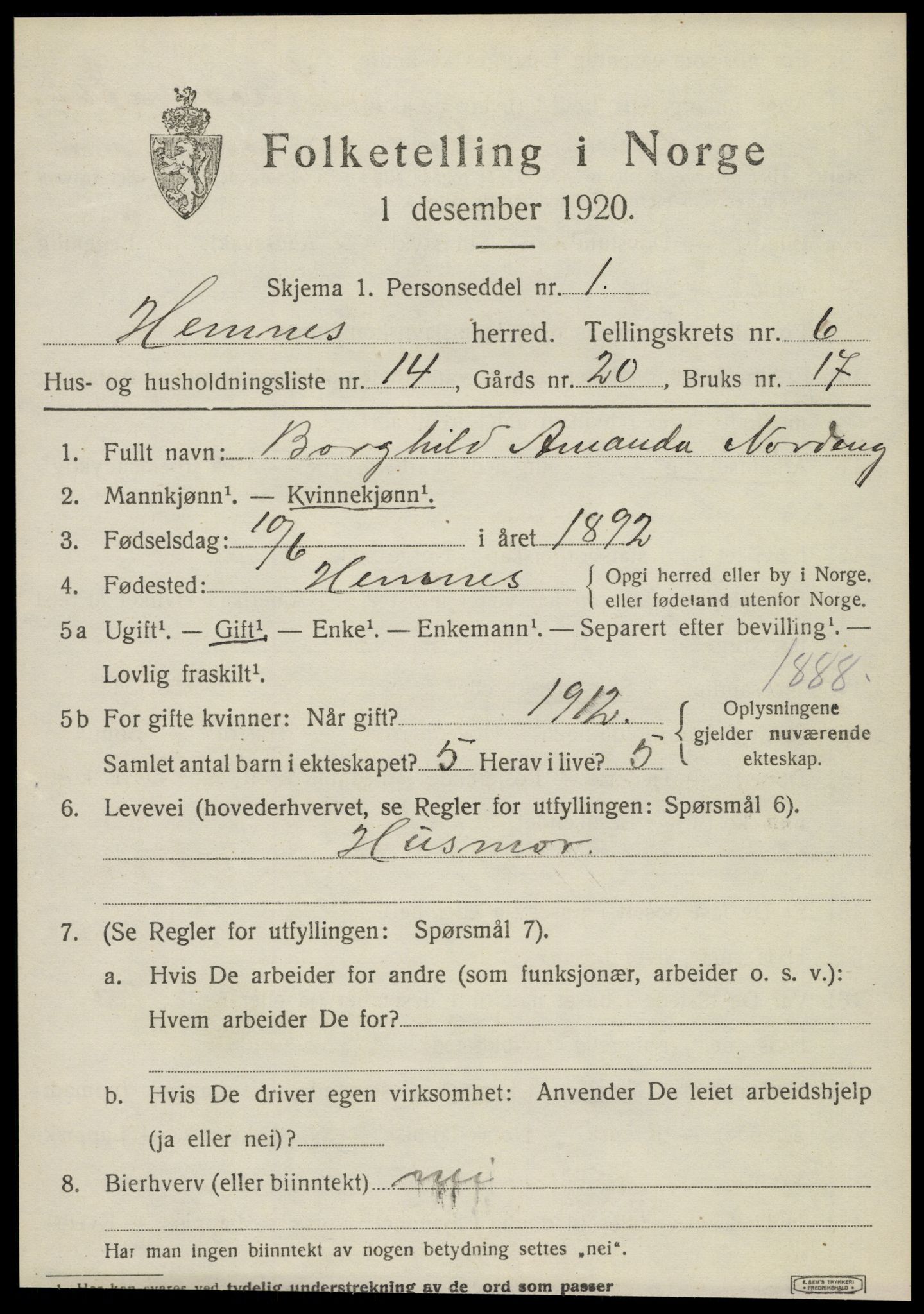 SAT, 1920 census for Hemnes, 1920, p. 6522