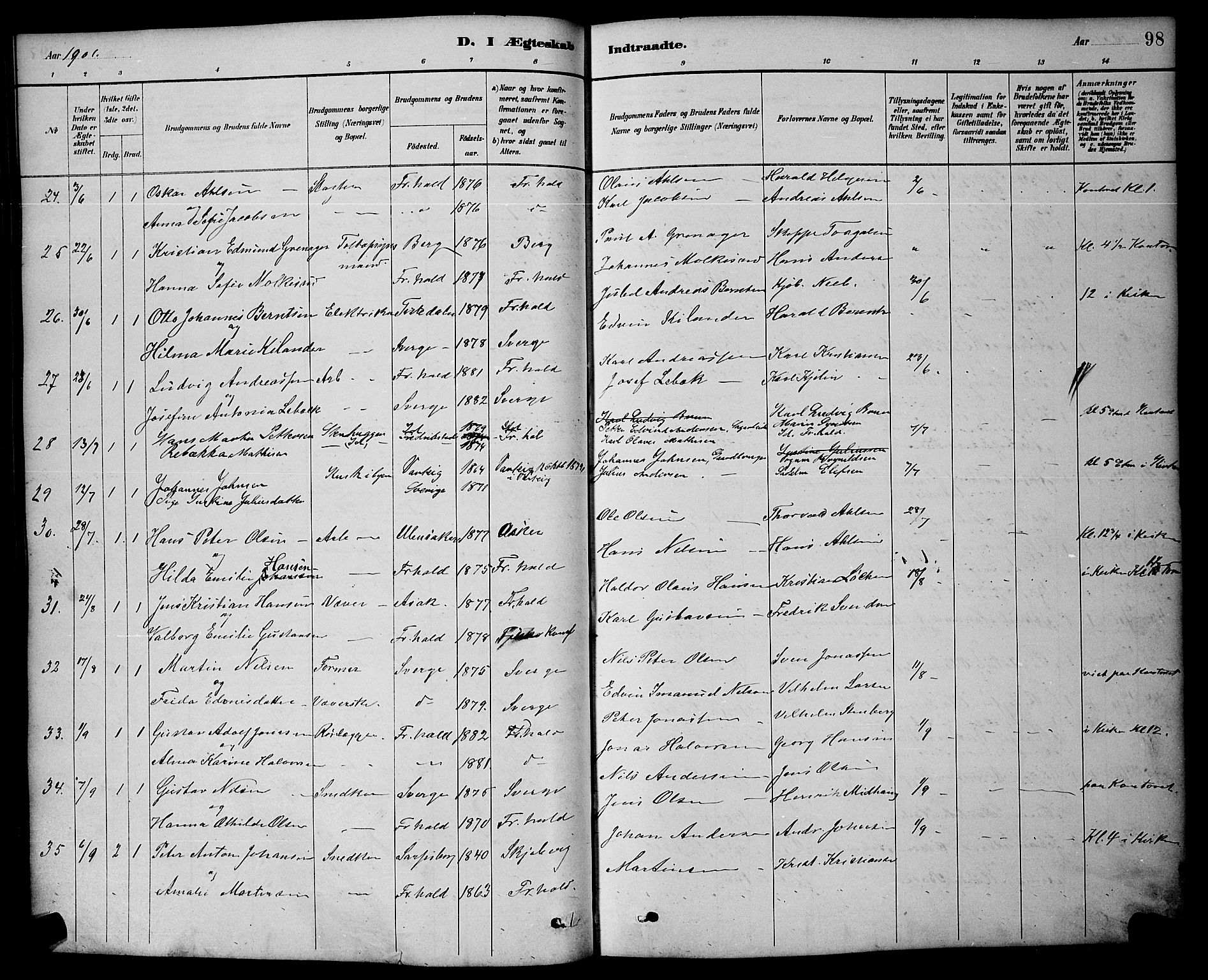 Halden prestekontor Kirkebøker, SAO/A-10909/G/Ga/L0009: Parish register (copy) no. 9, 1885-1908, p. 98