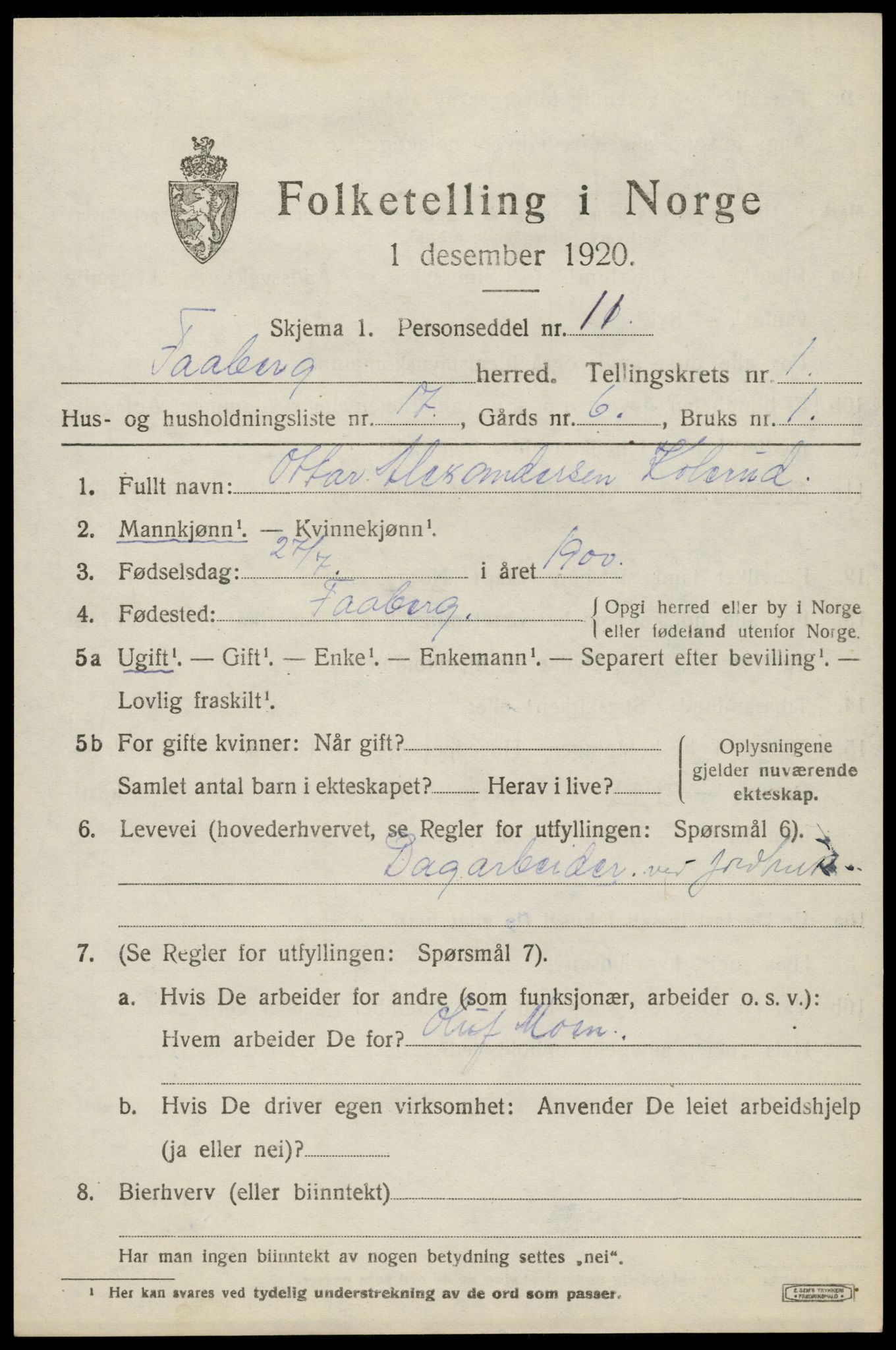 SAH, 1920 census for Fåberg, 1920, p. 2462