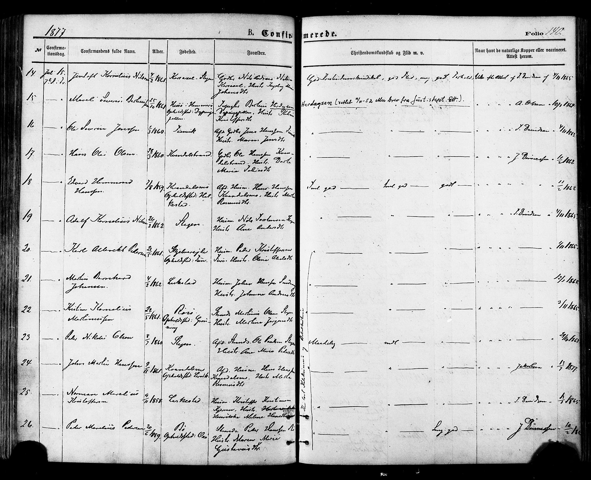 Ministerialprotokoller, klokkerbøker og fødselsregistre - Nordland, SAT/A-1459/855/L0802: Parish register (official) no. 855A10, 1875-1886, p. 140