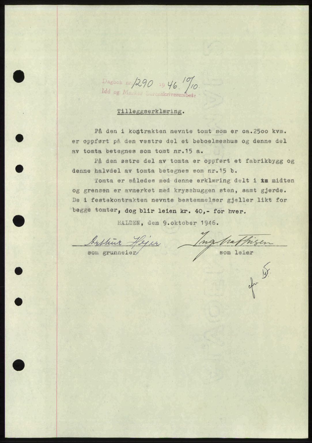 Idd og Marker sorenskriveri, AV/SAO-A-10283/G/Gb/Gbb/L0008: Mortgage book no. A8, 1946-1946, Diary no: : 1290/1946