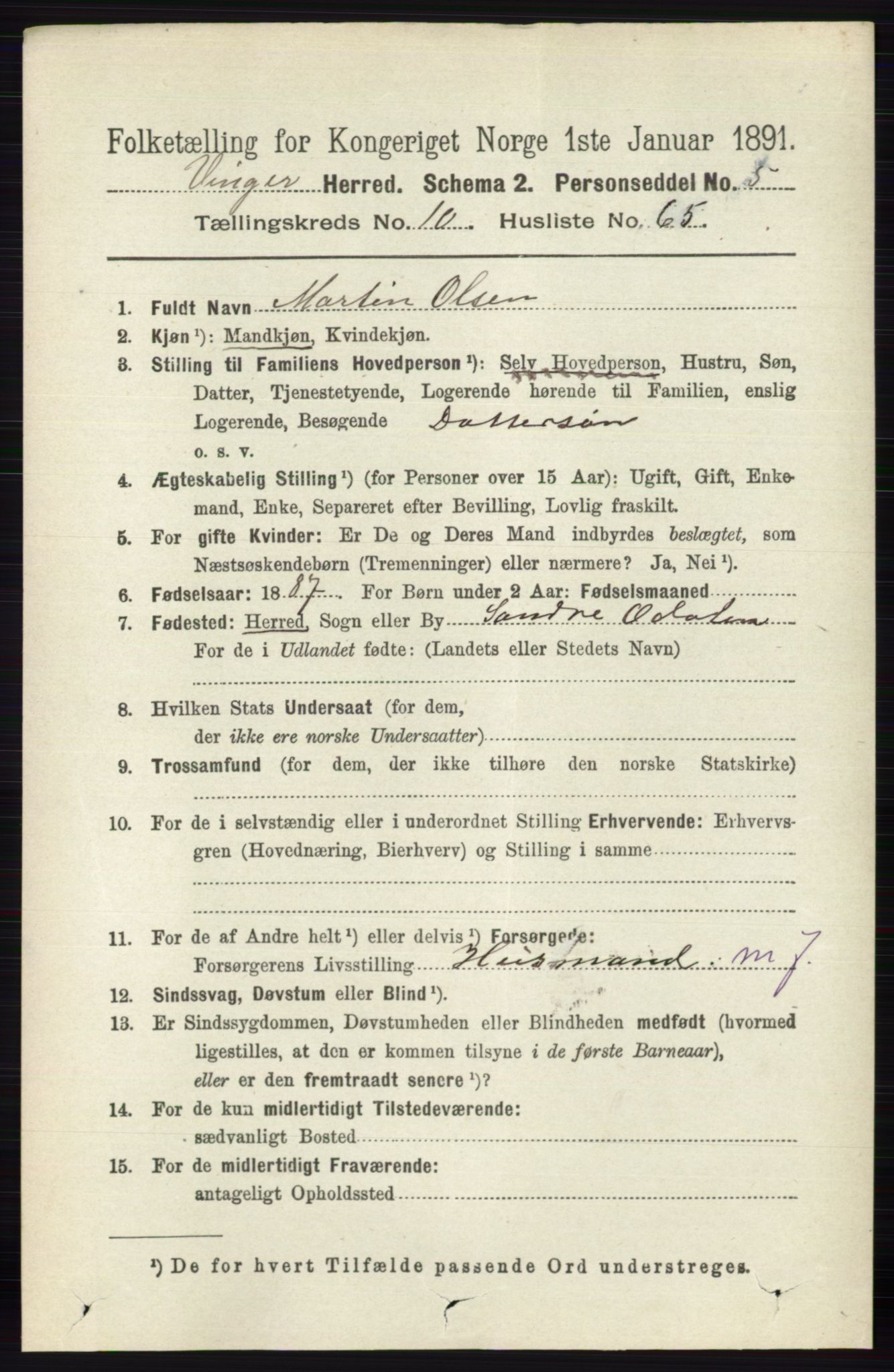 RA, 1891 census for 0421 Vinger, 1891, p. 5277