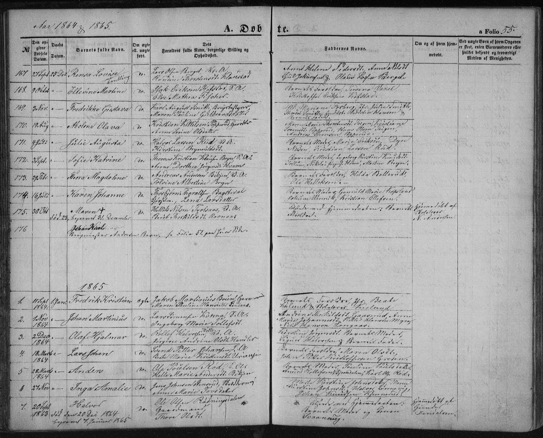 Kongsberg kirkebøker, SAKO/A-22/F/Fa/L0010: Parish register (official) no. I 10, 1859-1875, p. 55