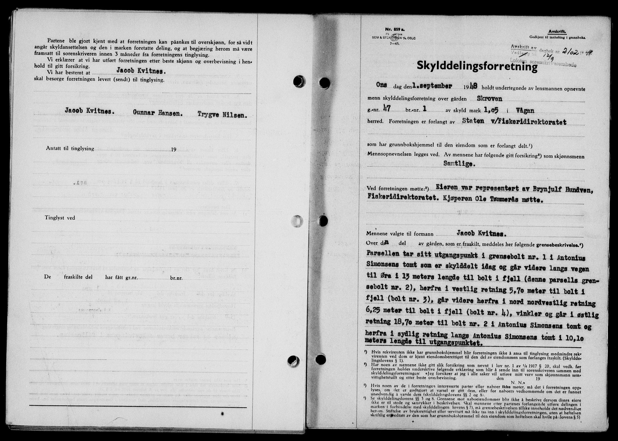 Lofoten sorenskriveri, SAT/A-0017/1/2/2C/L0019a: Mortgage book no. 19a, 1948-1948, Diary no: : 2102/1948