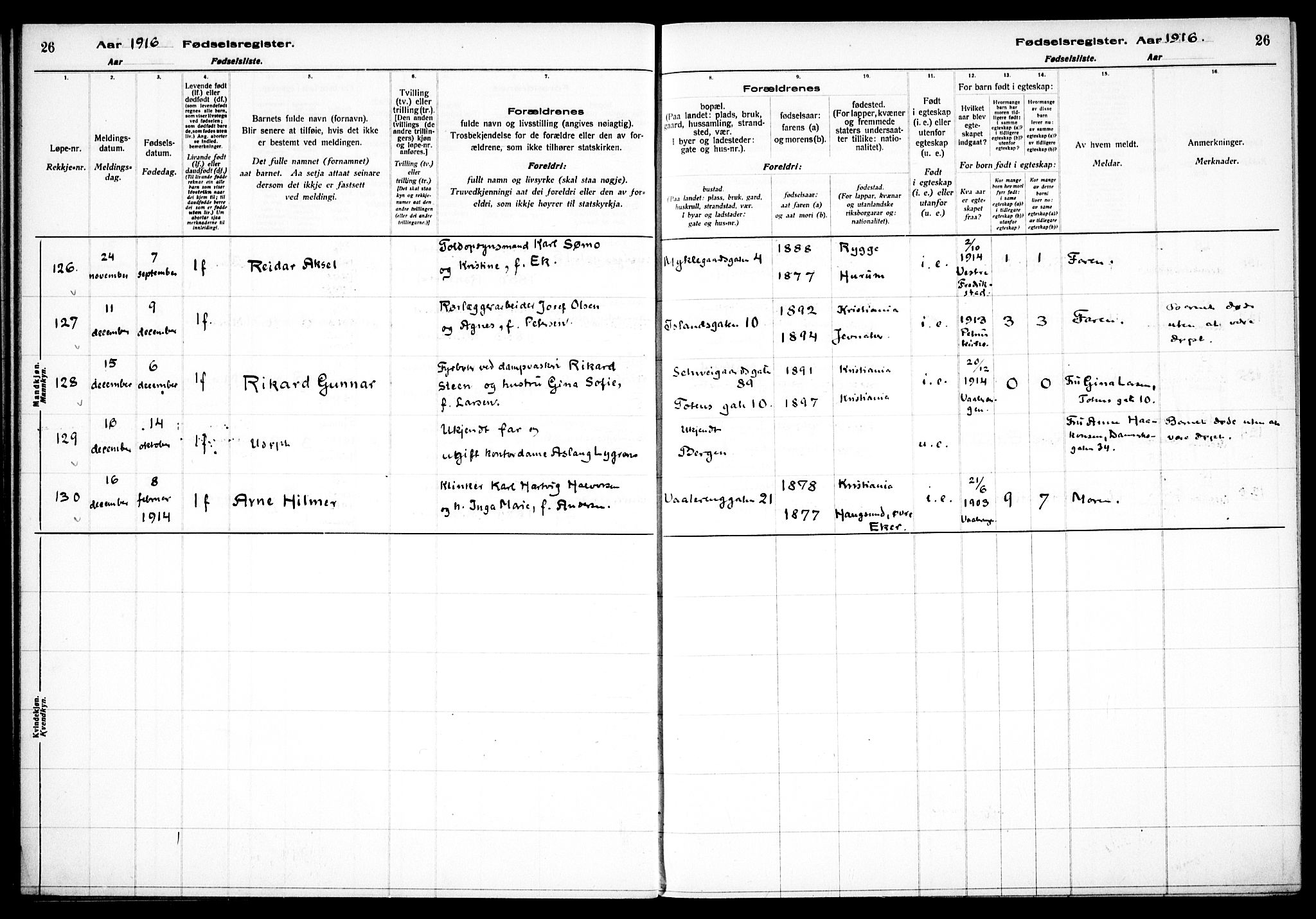 Vålerengen prestekontor Kirkebøker, AV/SAO-A-10878/J/Ja/L0001: Birth register no. 1, 1916-1924, p. 26