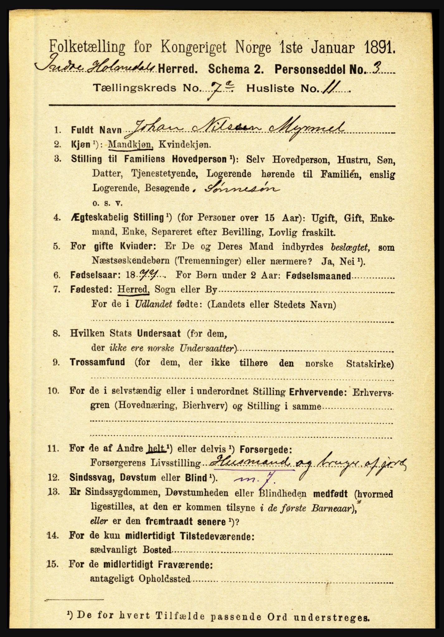 RA, 1891 census for 1430 Indre Holmedal, 1891, p. 2987