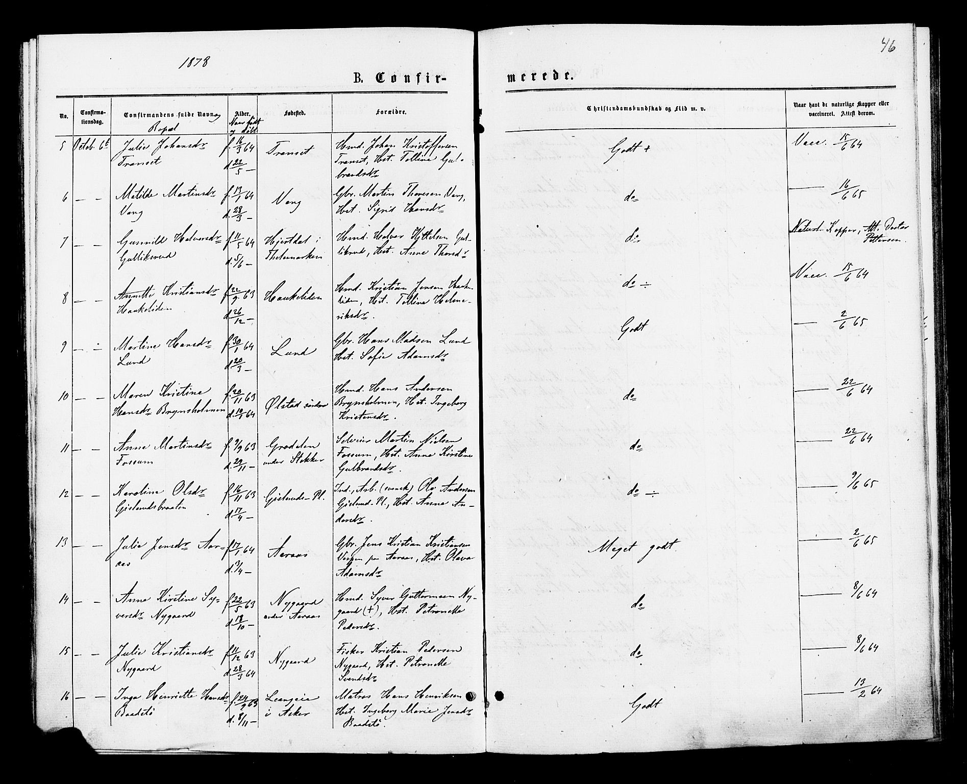 Røyken kirkebøker, SAKO/A-241/F/Fa/L0007: Parish register (official) no. 7, 1876-1879, p. 46