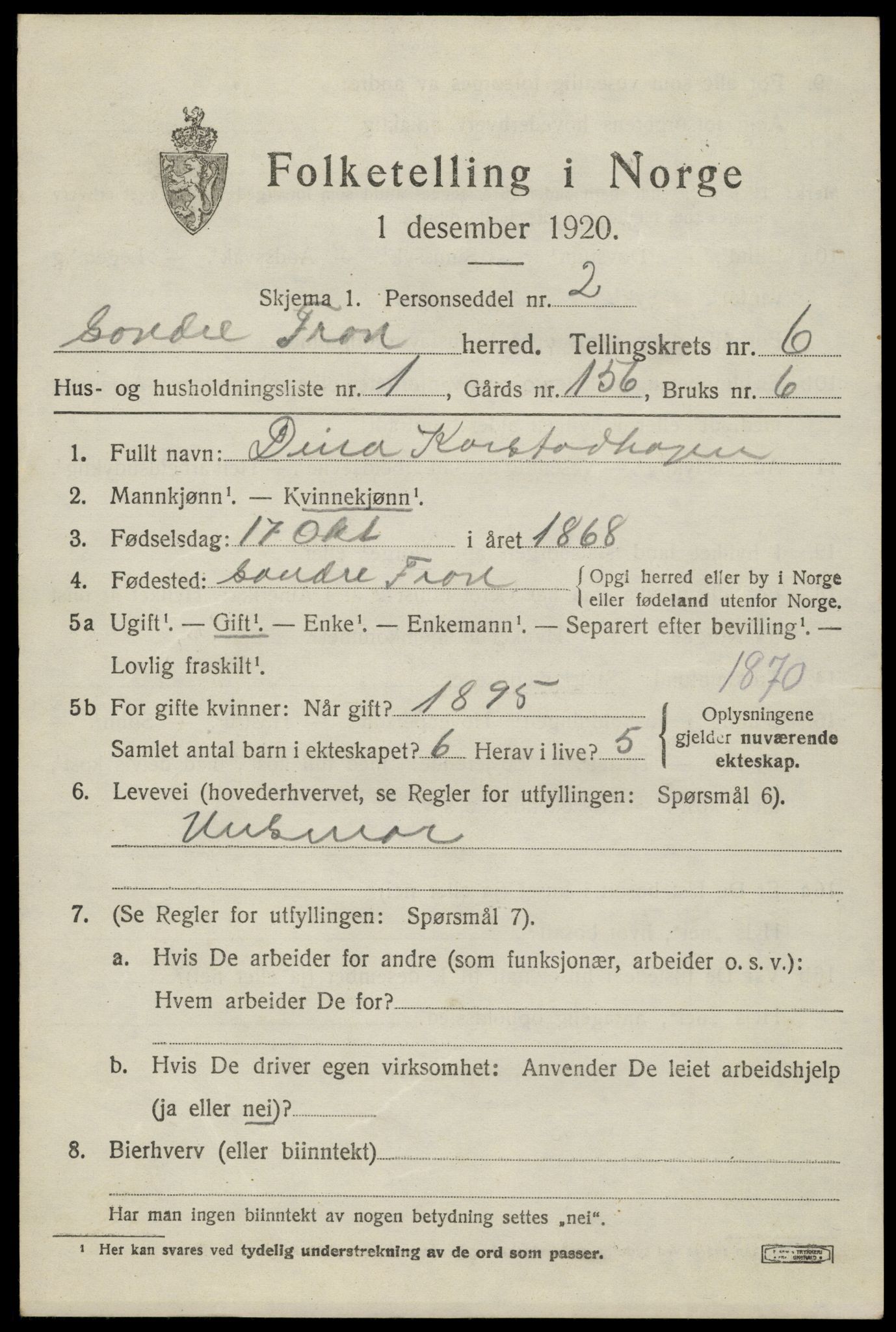 SAH, 1920 census for Sør-Fron, 1920, p. 6091