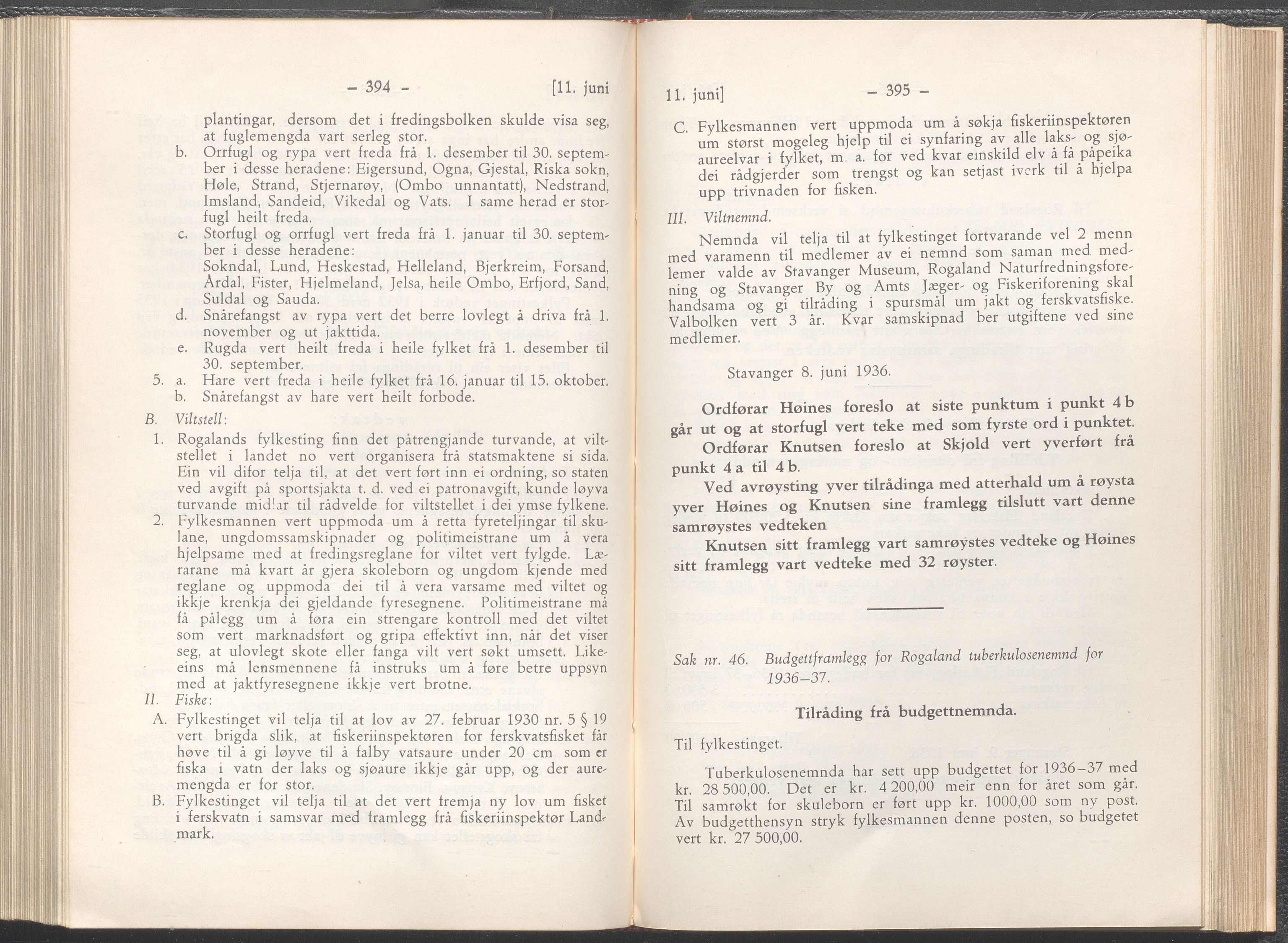 Rogaland fylkeskommune - Fylkesrådmannen , IKAR/A-900/A/Aa/Aaa/L0055: Møtebok , 1936, p. 394-395