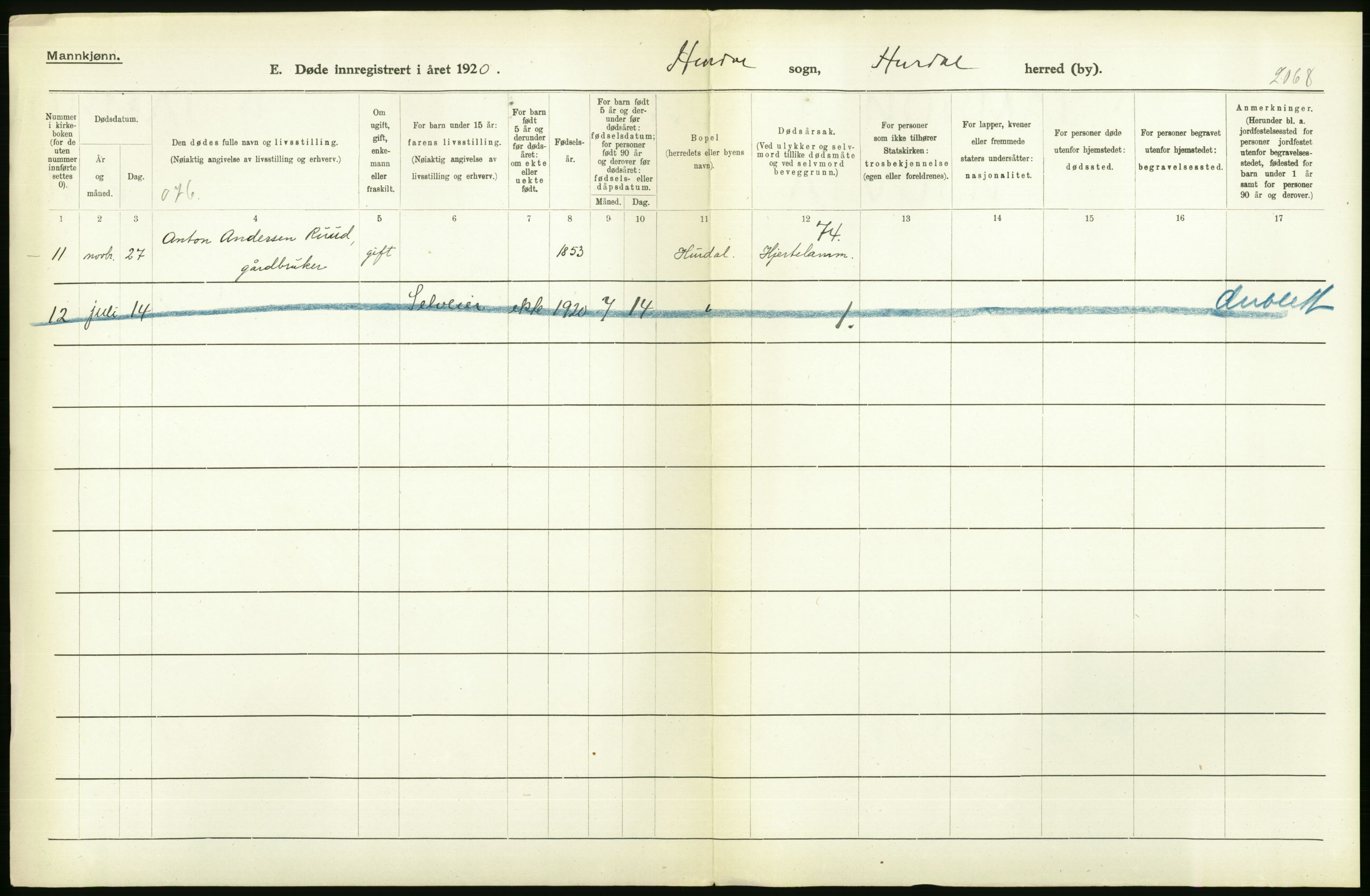 Statistisk sentralbyrå, Sosiodemografiske emner, Befolkning, AV/RA-S-2228/D/Df/Dfb/Dfbj/L0007: Akershus fylke: Døde. Bygder og byer., 1920, p. 244