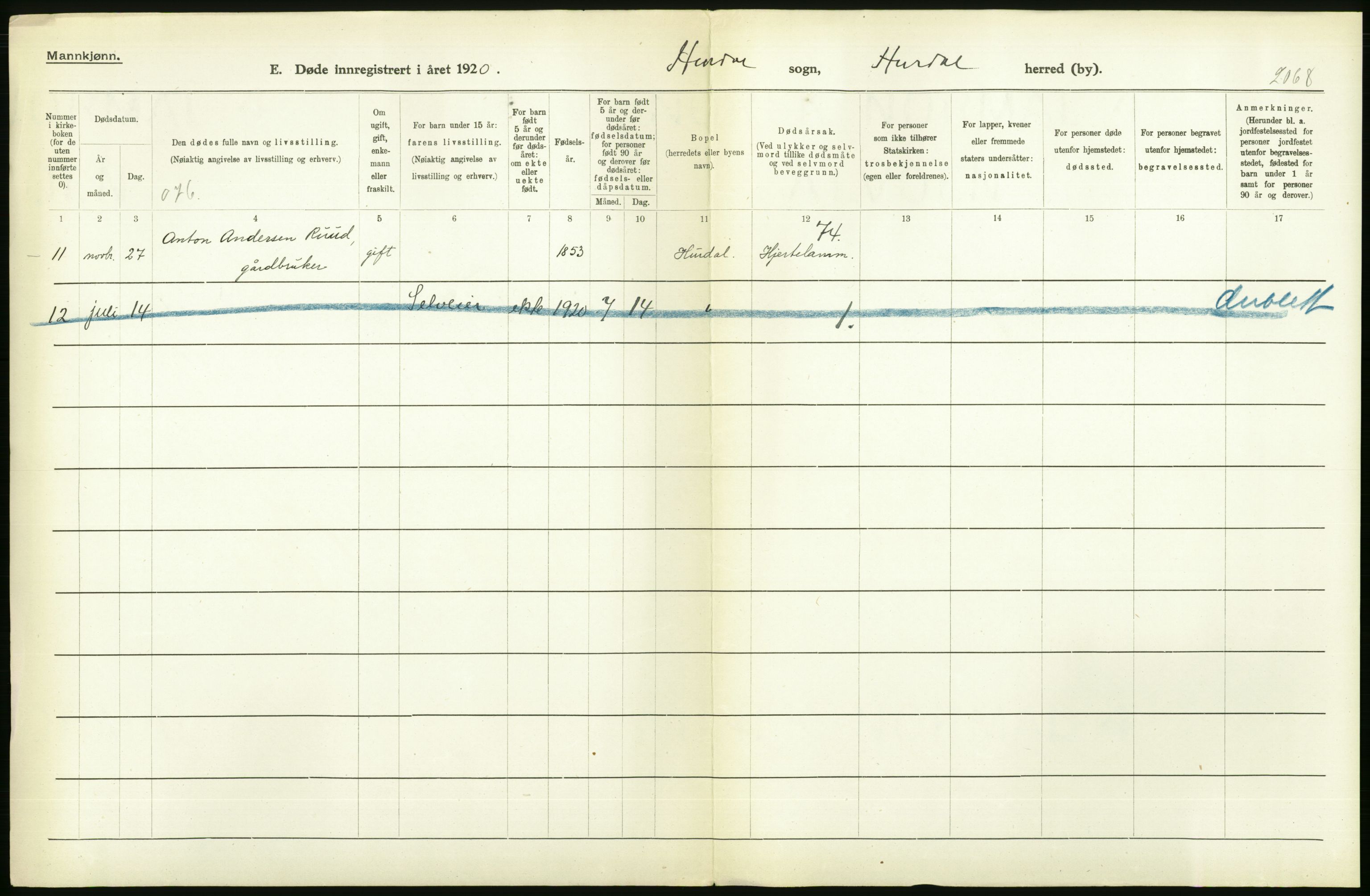 Statistisk sentralbyrå, Sosiodemografiske emner, Befolkning, RA/S-2228/D/Df/Dfb/Dfbj/L0007: Akershus fylke: Døde. Bygder og byer., 1920, p. 244