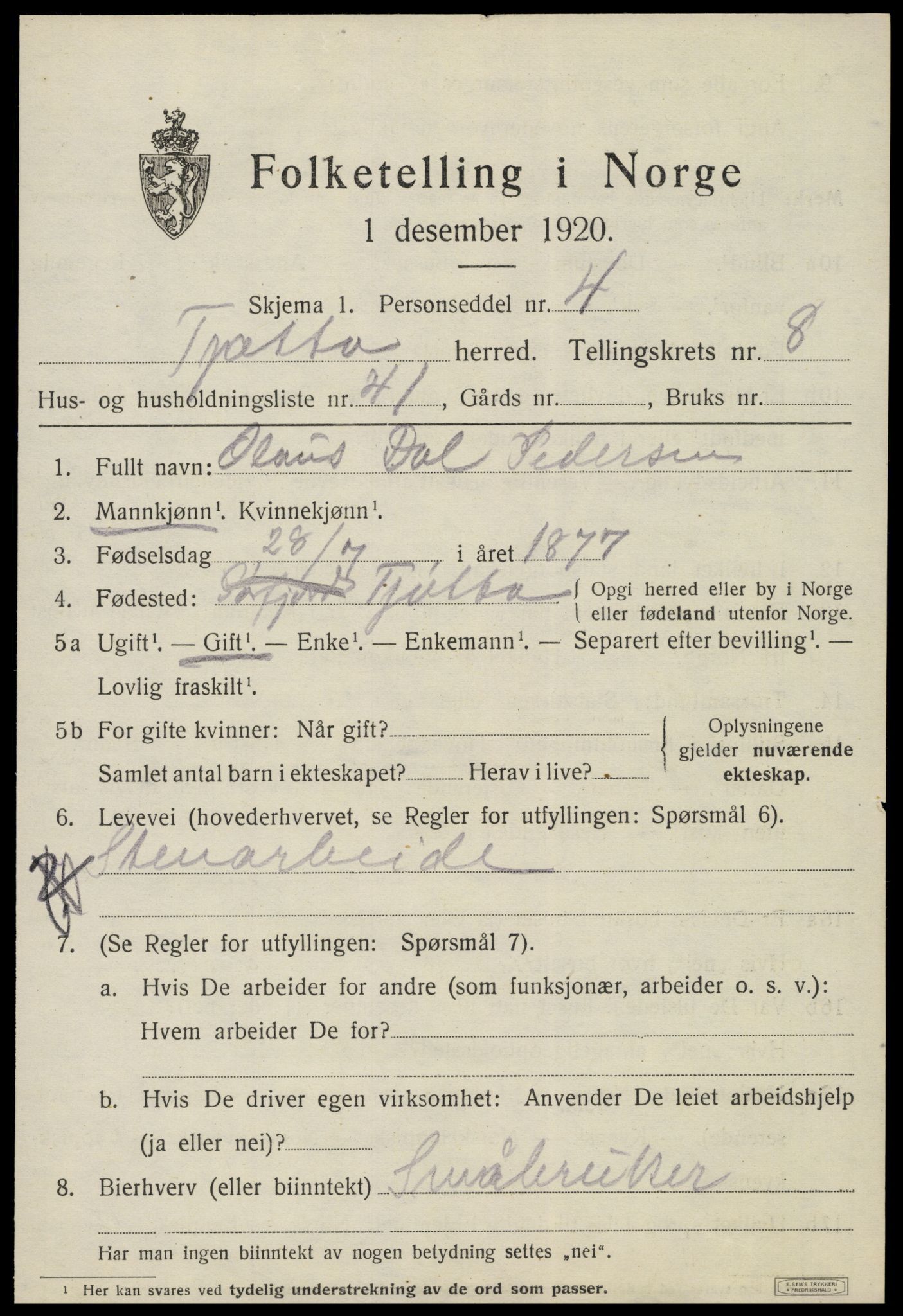 SAT, 1920 census for Tjøtta, 1920, p. 3911