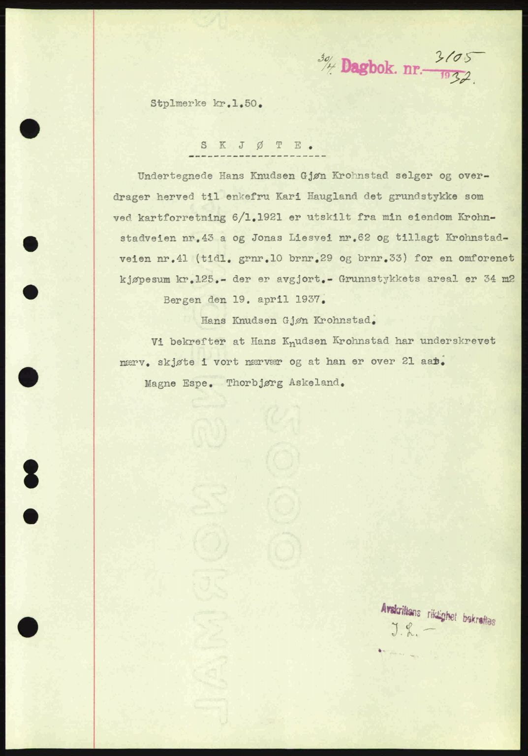 Byfogd og Byskriver i Bergen, SAB/A-3401/03/03Bc/L0004: Mortgage book no. A3-4, 1936-1937, Diary no: : 3105/1937