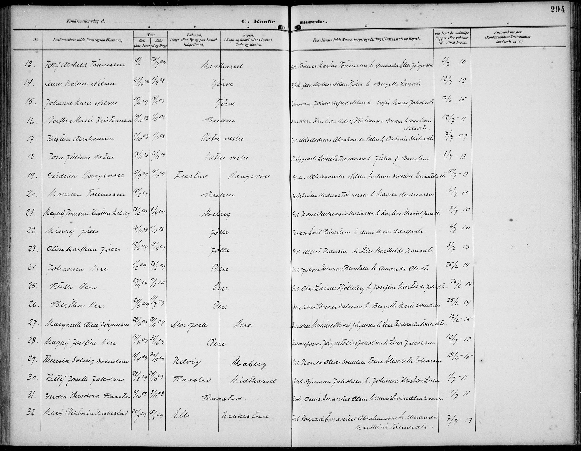 Lista sokneprestkontor, AV/SAK-1111-0027/F/Fb/L0005: Parish register (copy) no. B 5, 1892-1923, p. 294