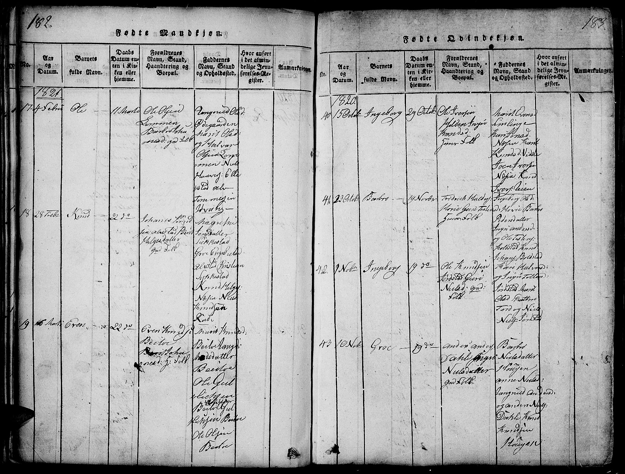 Slidre prestekontor, AV/SAH-PREST-134/H/Ha/Haa/L0002: Parish register (official) no. 2, 1814-1830, p. 182-183