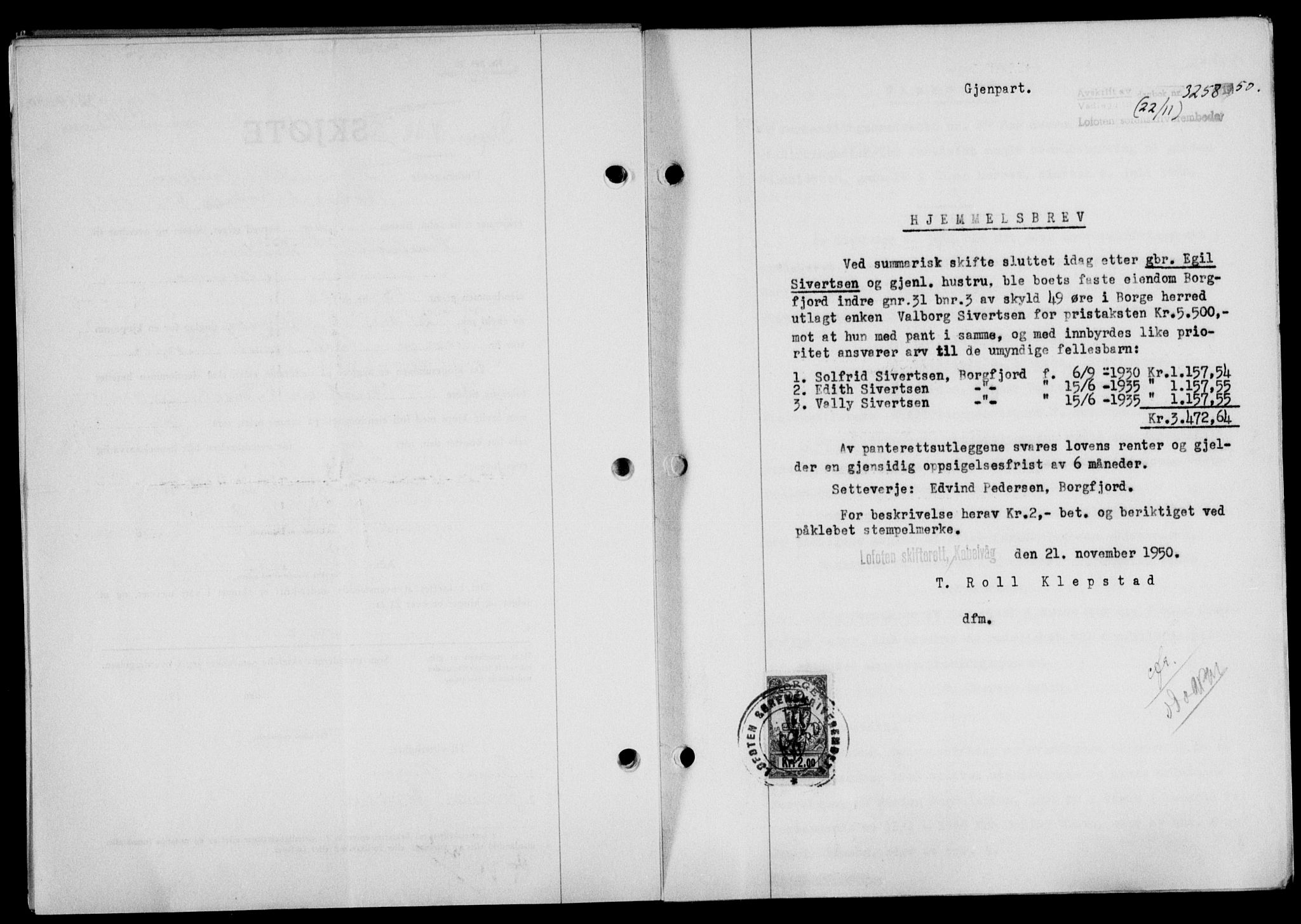 Lofoten sorenskriveri, SAT/A-0017/1/2/2C/L0025a: Mortgage book no. 25a, 1950-1951, Diary no: : 3258/1950