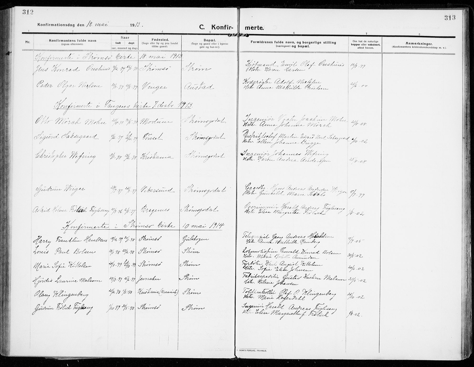 Strømsgodset kirkebøker, SAKO/A-324/F/Fa/L0002: Parish register (official) no. 2, 1910-1920, p. 312-313
