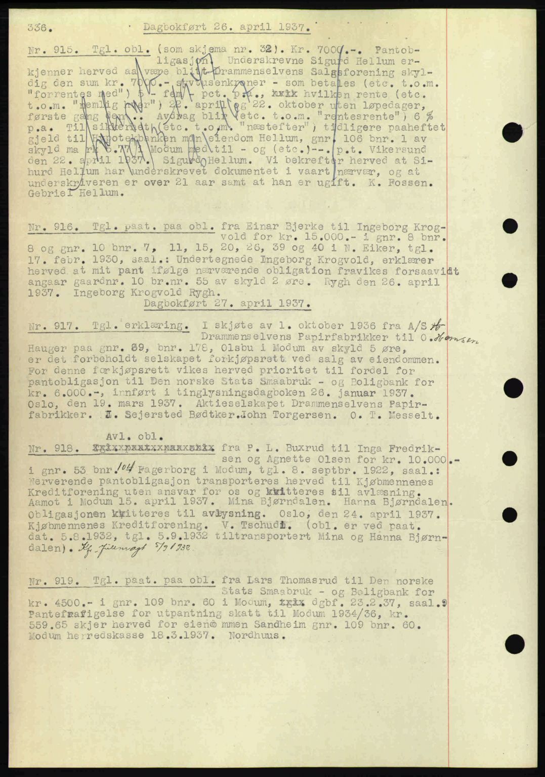 Eiker, Modum og Sigdal sorenskriveri, SAKO/A-123/G/Ga/Gab/L0035: Mortgage book no. A5, 1937-1937, Diary no: : 915/1937