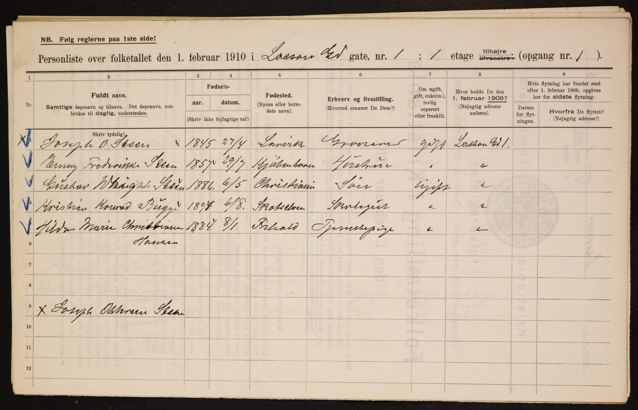 OBA, Municipal Census 1910 for Kristiania, 1910, p. 55265