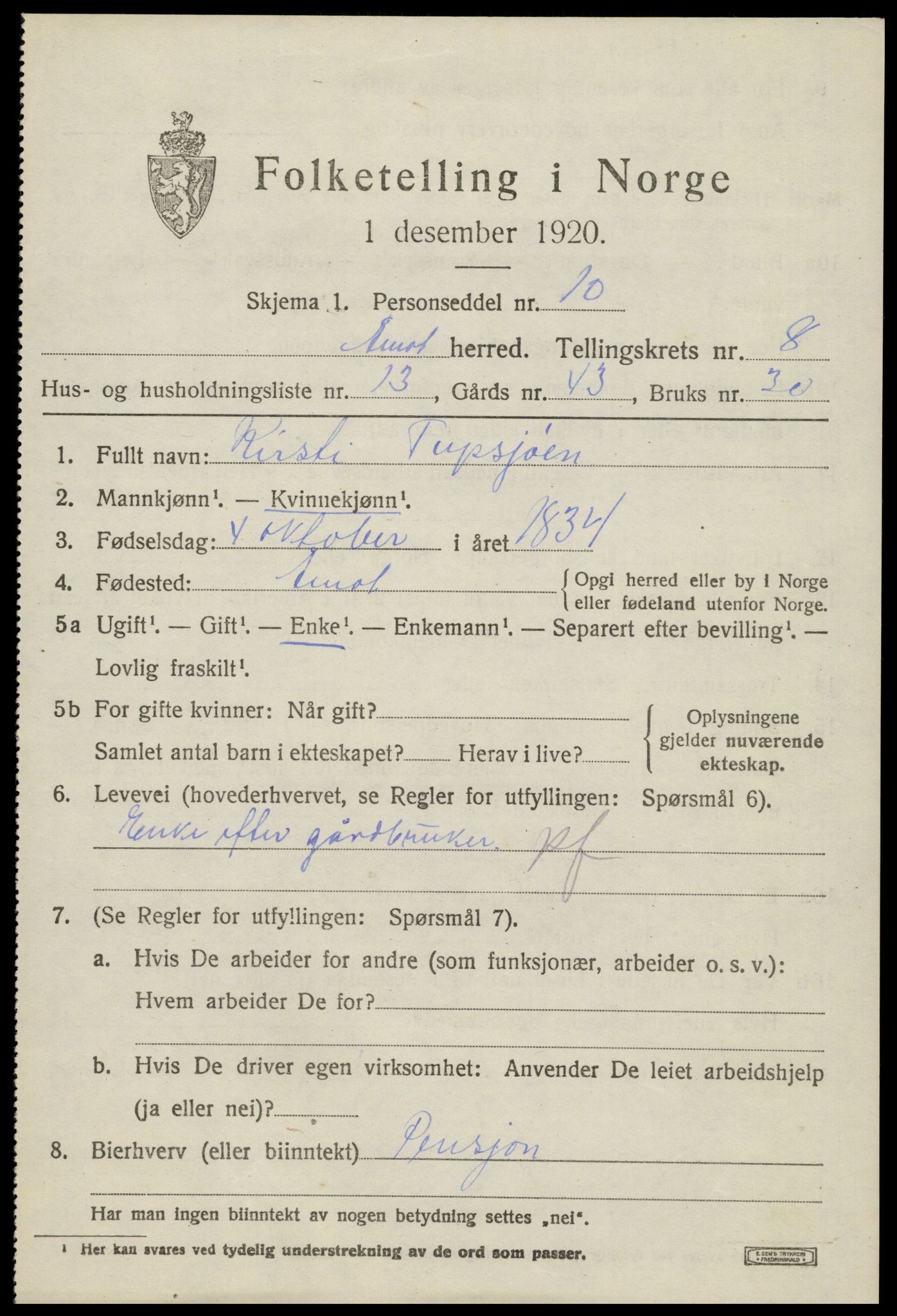 SAH, 1920 census for Åmot, 1920, p. 8185