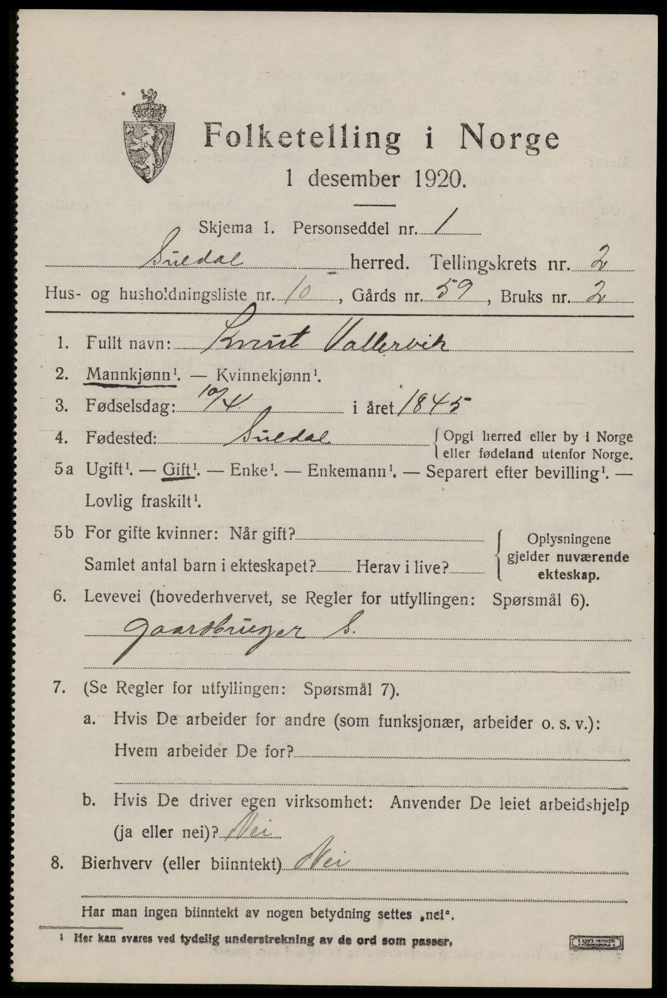 SAST, 1920 census for Suldal, 1920, p. 902