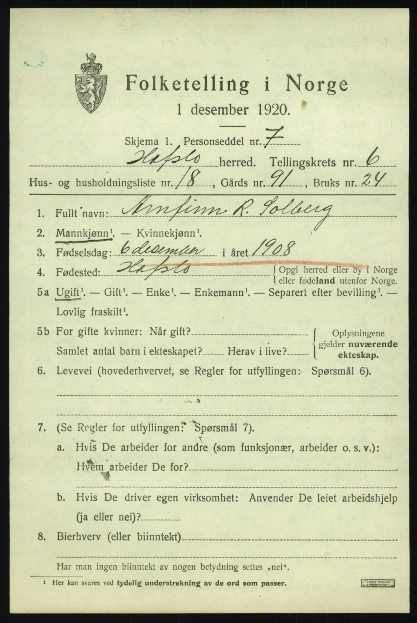 SAB, 1920 census for Hafslo, 1920, p. 4726