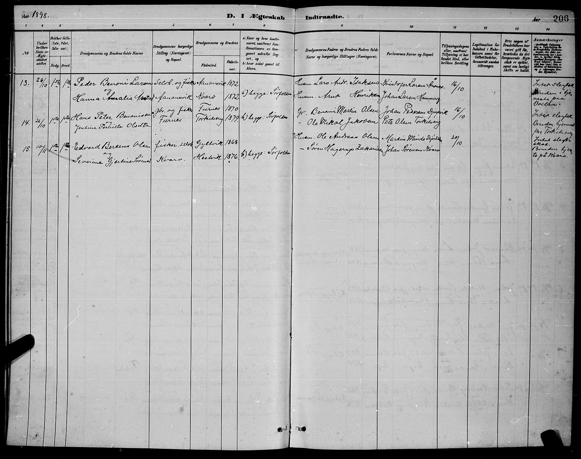 Ministerialprotokoller, klokkerbøker og fødselsregistre - Nordland, AV/SAT-A-1459/853/L0772: Parish register (official) no. 853A11, 1881-1900, p. 206