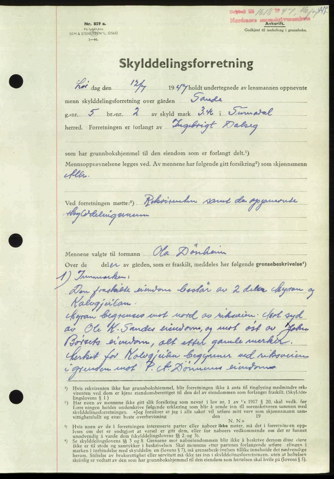 Nordmøre sorenskriveri, AV/SAT-A-4132/1/2/2Ca: Mortgage book no. A105, 1947-1947, Diary no: : 1618/1947