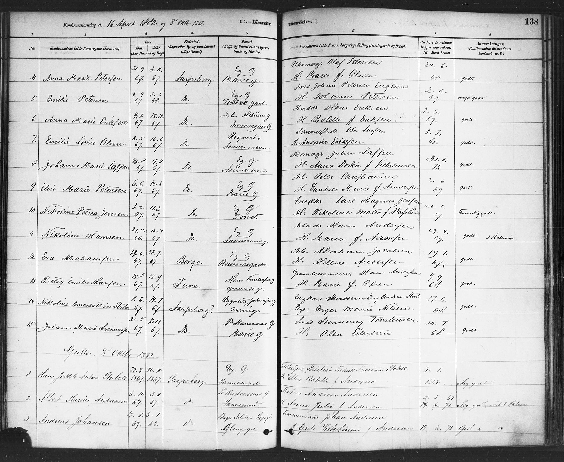 Sarpsborg prestekontor Kirkebøker, SAO/A-2006/F/Fa/L0003: Parish register (official) no. 3, 1878-1891, p. 138