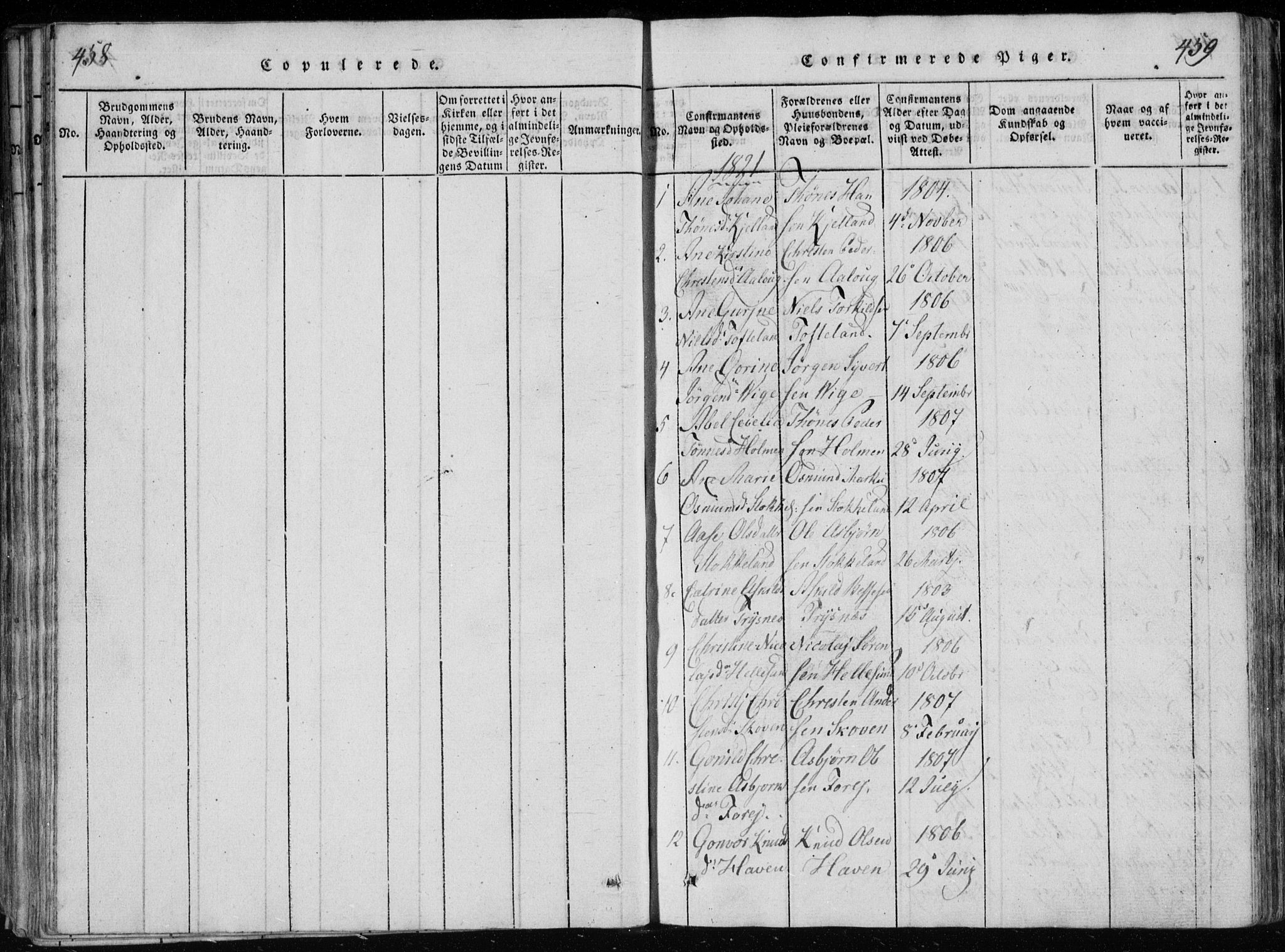 Søgne sokneprestkontor, SAK/1111-0037/F/Fb/Fbb/L0002: Parish register (copy) no. B 2, 1821-1838, p. 458-459