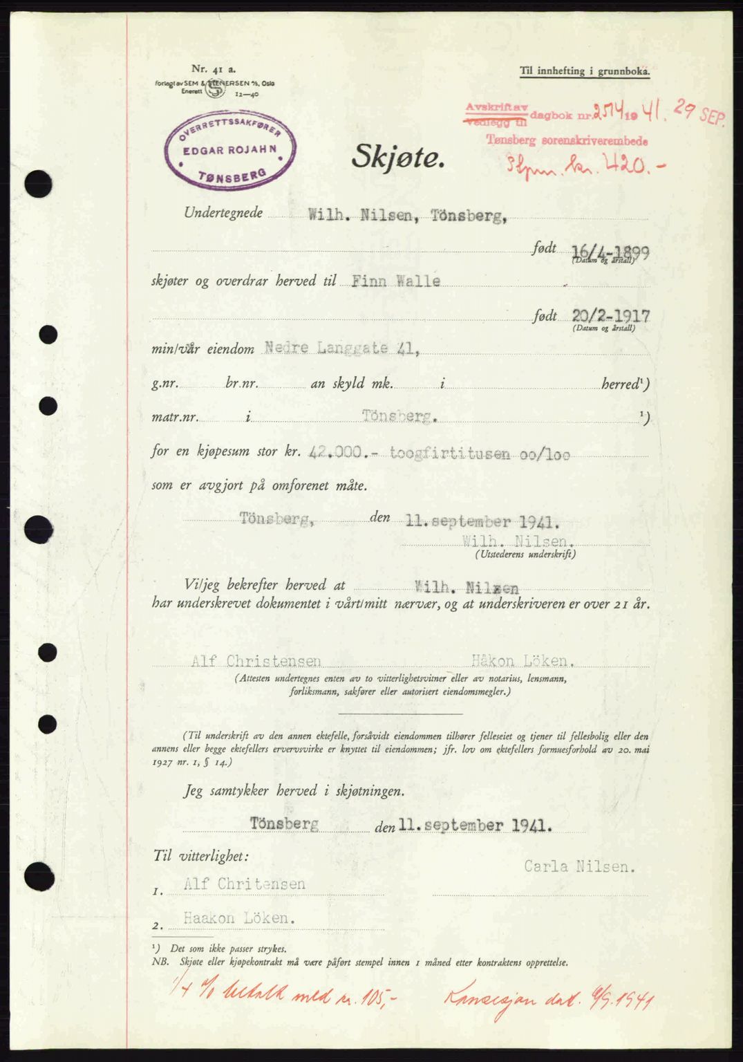 Tønsberg sorenskriveri, AV/SAKO-A-130/G/Ga/Gaa/L0010: Mortgage book no. A10, 1941-1941, Diary no: : 2514/1941