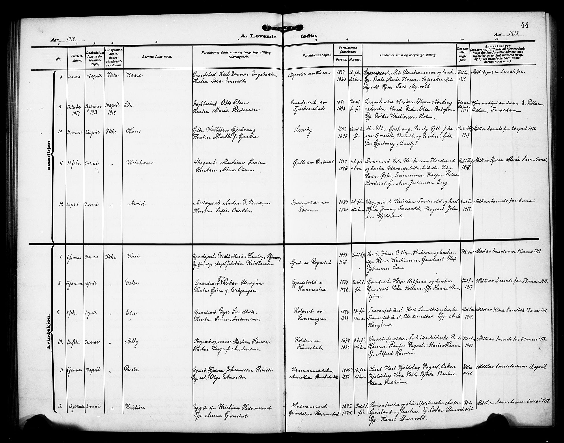 Østre Toten prestekontor, AV/SAH-PREST-104/H/Ha/Hab/L0008: Parish register (copy) no. 8, 1913-1929, p. 44