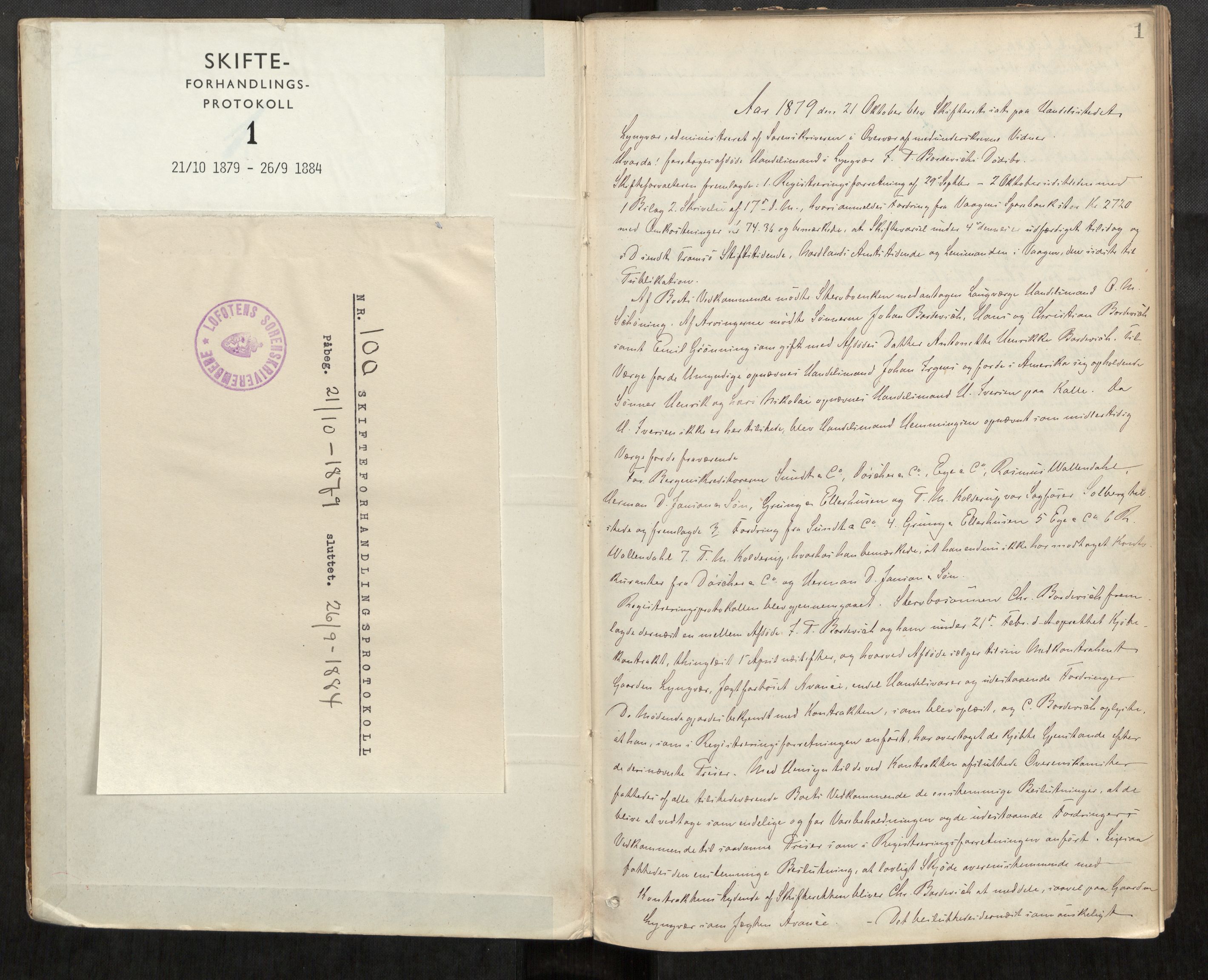 Lofoten sorenskriveri, SAT/A-0017/1/3/3B/L0001: Skifteforhandlings-protokoll, 1879-1884, p. 1