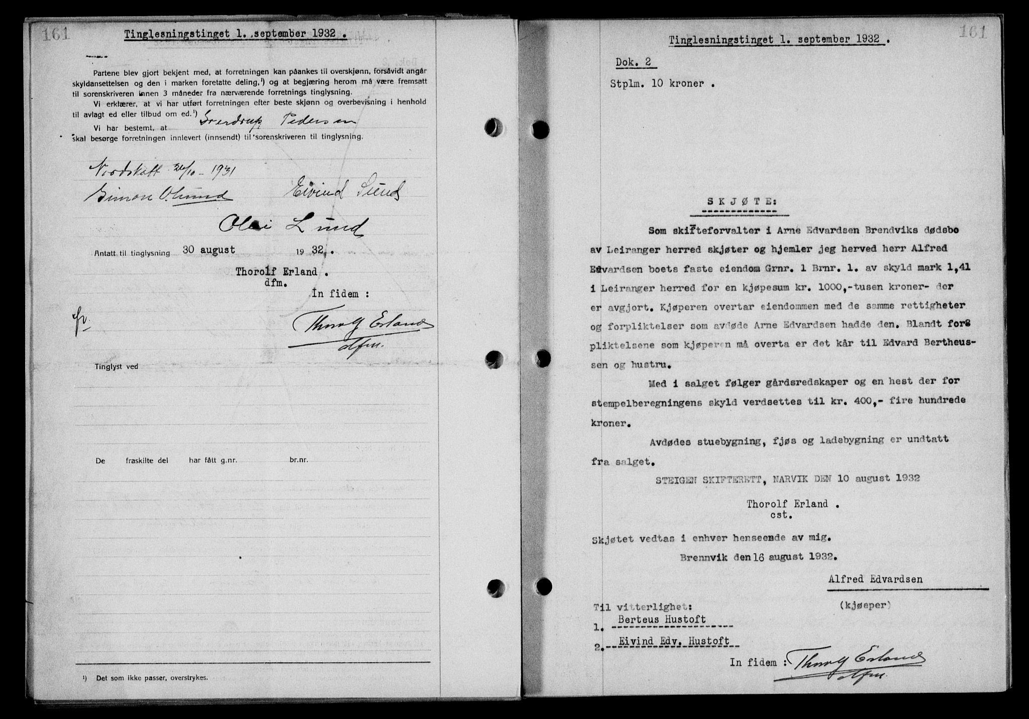 Steigen og Ofoten sorenskriveri, SAT/A-0030/1/2/2C/L0020/0002: Mortgage book no. 23 og 25-I, 1932-1932, Deed date: 01.09.1932