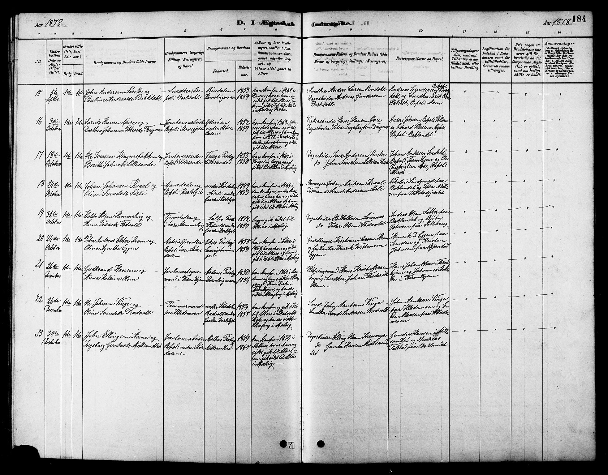 Ministerialprotokoller, klokkerbøker og fødselsregistre - Sør-Trøndelag, AV/SAT-A-1456/616/L0423: Parish register (copy) no. 616C06, 1878-1903, p. 184