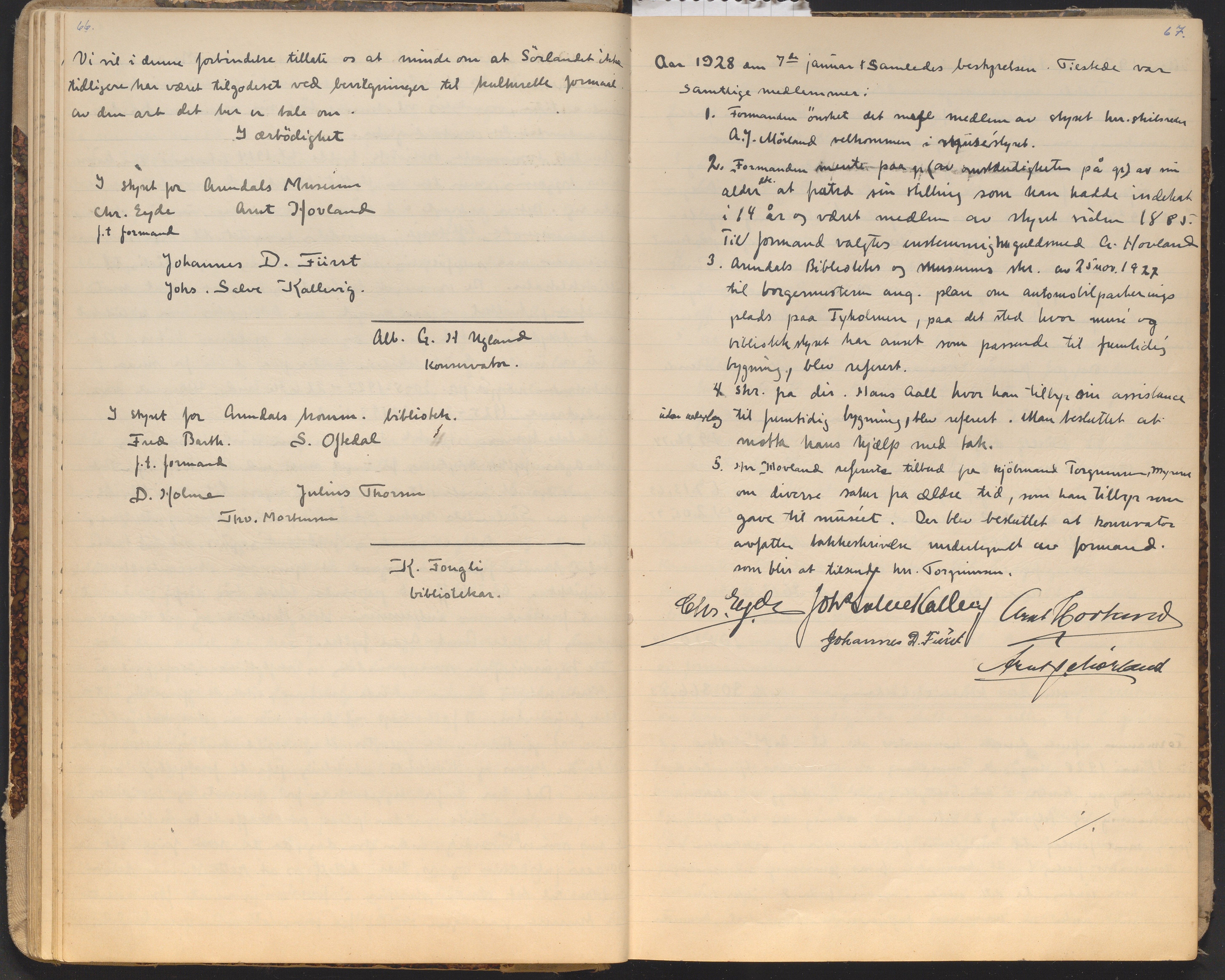 Aust-Agder-Museet, AAKS/PA-2065/A02/L0002: Styreprotokoll, 1908-1960, p. 66-67