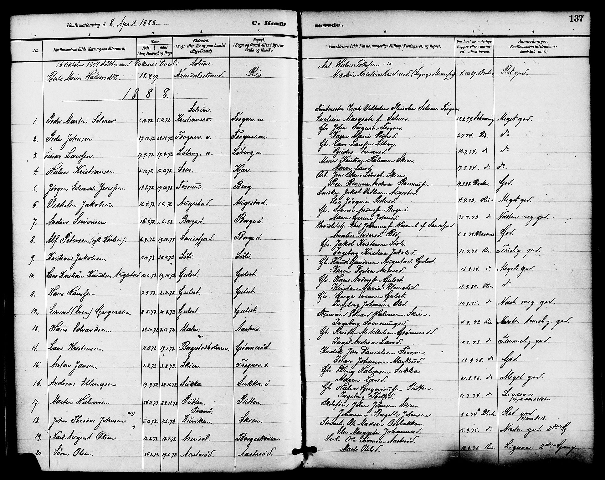 Gjerpen kirkebøker, SAKO/A-265/F/Fa/L0010: Parish register (official) no. I 10, 1886-1895, p. 137