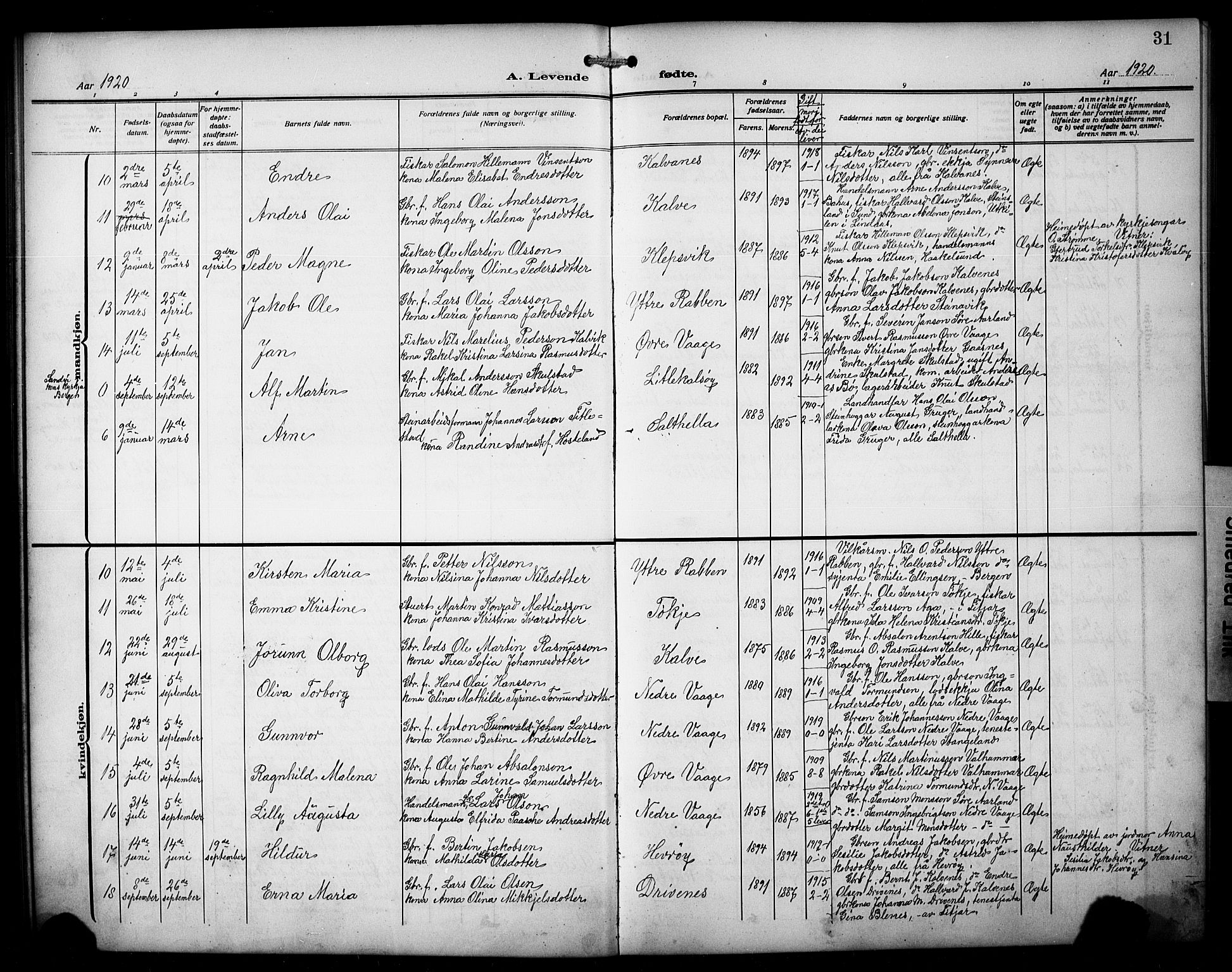 Austevoll sokneprestembete, AV/SAB-A-74201/H/Ha/Hab/Habb/L0006: Parish register (copy) no. B 6, 1911-1925, p. 31